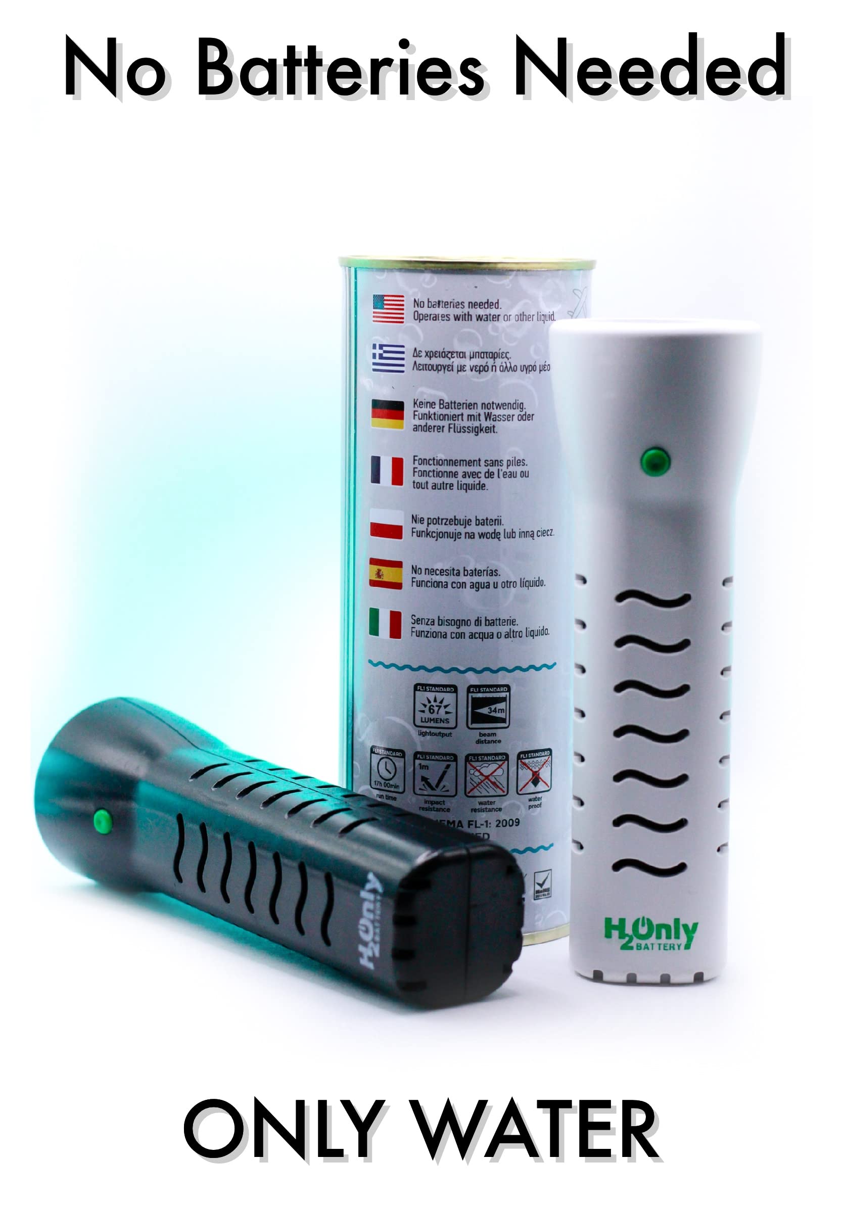 Water-Powered Flashlight - No Batteries Needed, Works with Any Liquid - 67 Lumens Emergency Light with 1500 Hours Runtime (Black) - Perfect for Camping, Hiking, and Power Outages