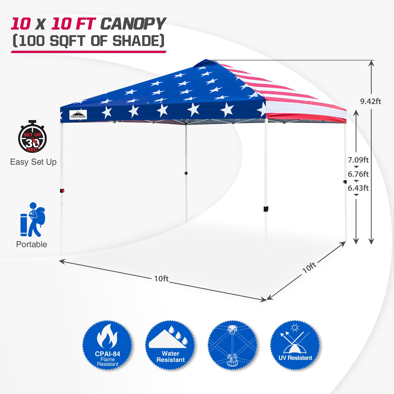 EAGLE PEAK 10x10 ft Pop Up Canopy Tent with Wheeled Carry Bag - Portable Instant Shelter with 8 Stakes, 4 Ropes & 4 Weight Bags - 100 sq ft Shade Coverage (American Flag Design) - Perfect for Backyard BBQs, Beach Outings, Camping & Outdoor Events