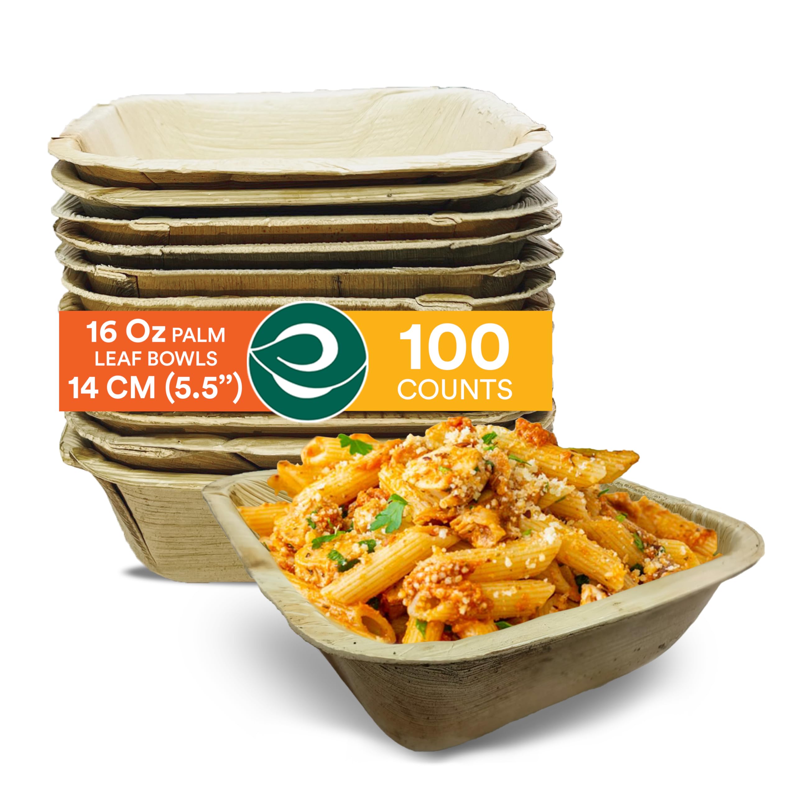 ECO SOUL 100% Compostable Biodegradable Disposable Palm Leaf Bowls - Eco-Friendly Square Dinnerware Set (16 Oz, 5.5