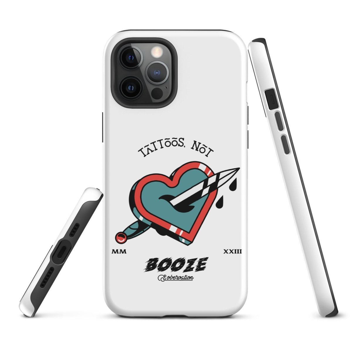 Tattoos Not Booze Heart iPhone Tough Case - Durable Protective Cover for iPhone 11/12/13/14/15 Pro Max - Perfect for Tattoo Lovers & Nightlife Enthusiasts