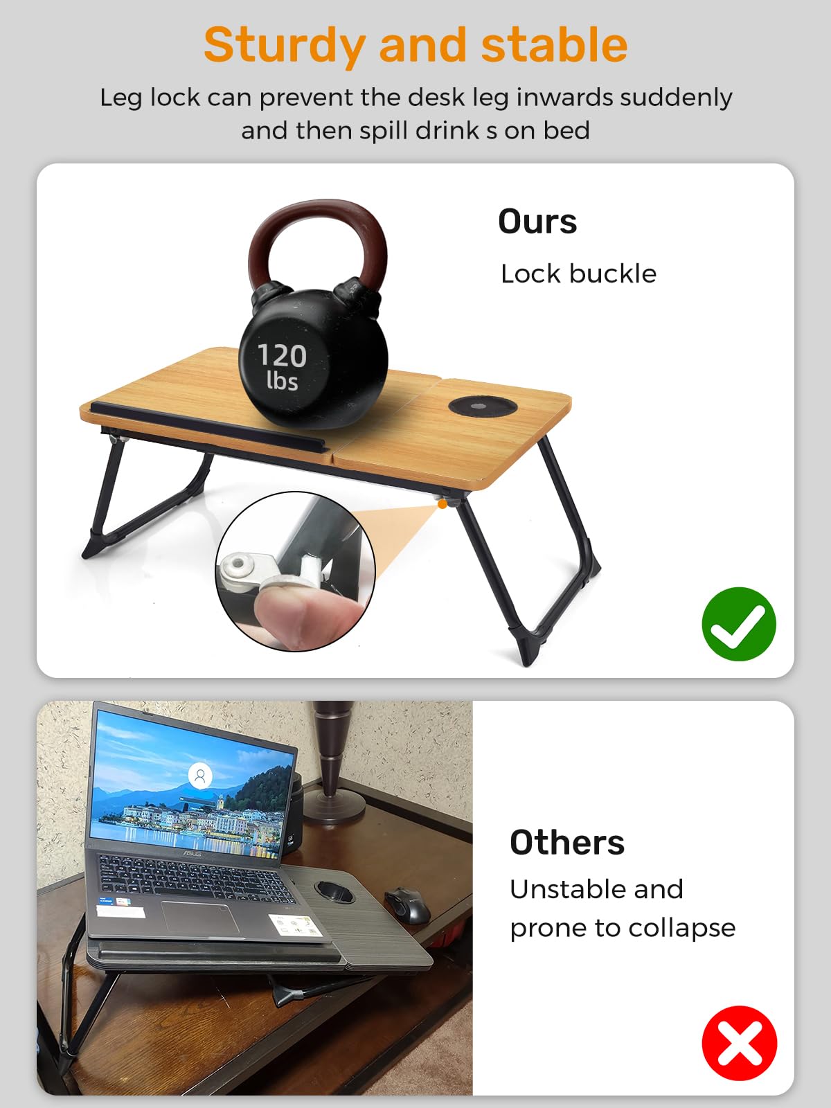 Adjustable Laptop Desk for Bed & Couch - Foldable Portable Lap Desk with Cup Holder - Ergonomic Bed Table for Working, Eating, Writing & Studying - Perfect for Home Office, Dorm Room & Travel (Brown)