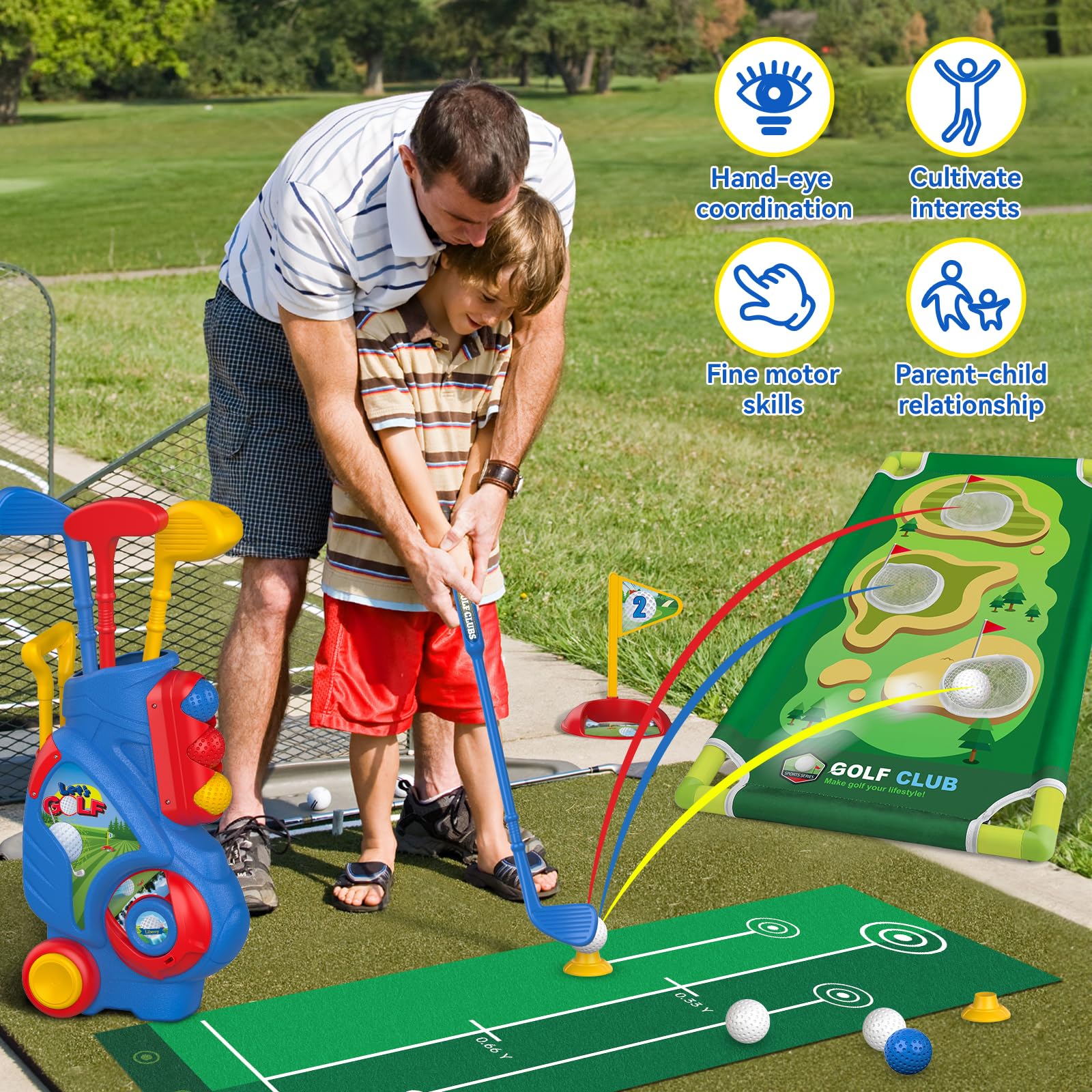 **Liberry Toddler Golf Set for Kids Ages 2-5 - Upgraded Golf Cart with Cornhole Board & Putting Mat - Indoor & Outdoor Golf Toys for Boys & Girls - Perfect Birthday Gift for Backyard & Playroom Fun**