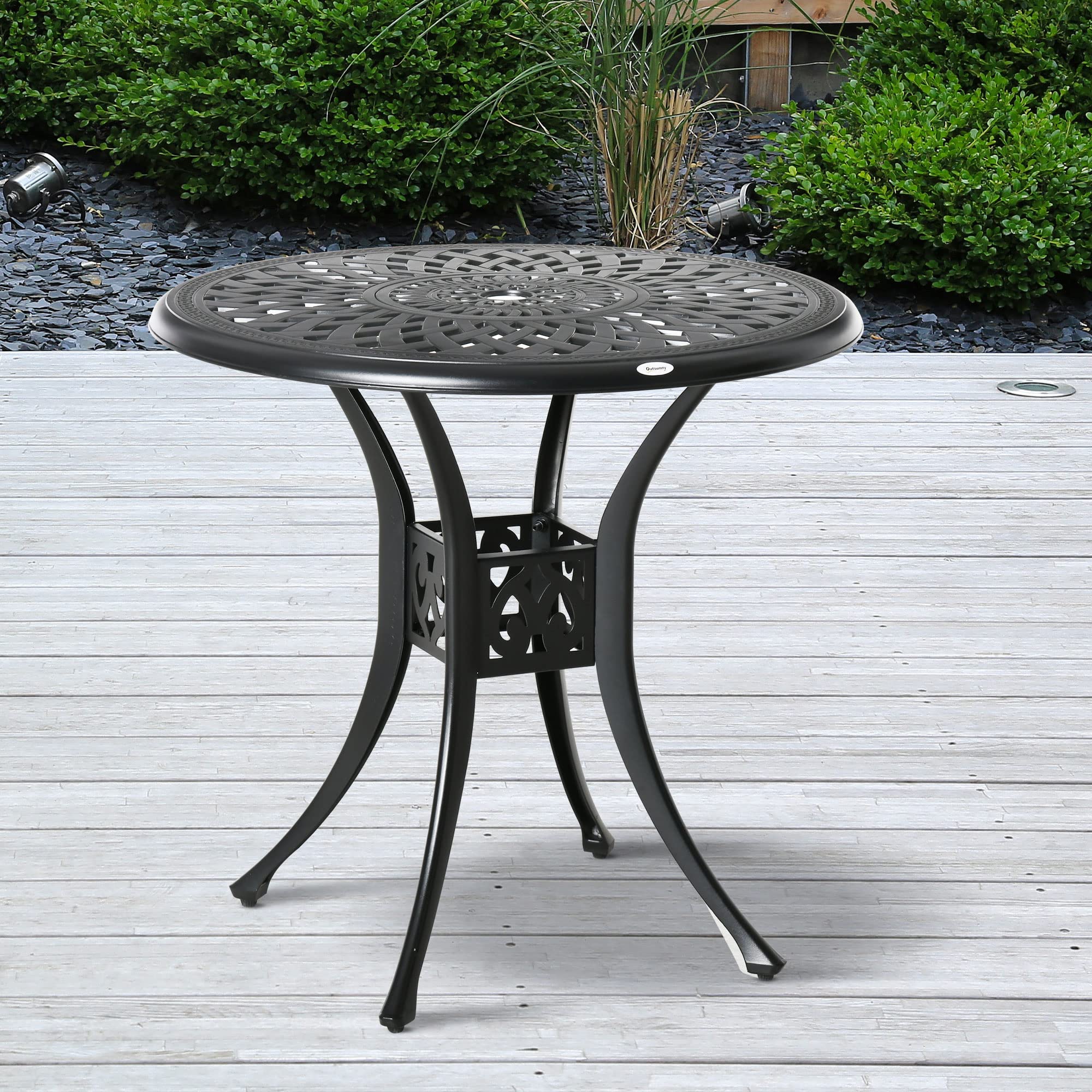 Outsunny 30 Inch Round Outdoor Patio Dining Table with Umbrella Hole - Antique Cast Aluminum Bistro Table for Garden, Backyard, Poolside - Weather Resistant Black Metal Table for Outdoor Entertaining