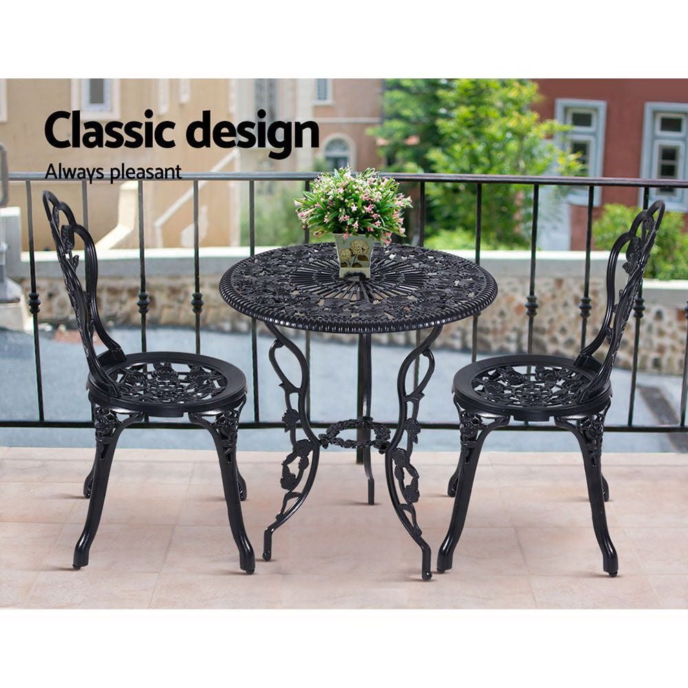 3-Piece Outdoor Bistro Set with Cast Aluminum Table and Chairs in Rose Black - Perfect for Patio, Garden, and Backyard Dining