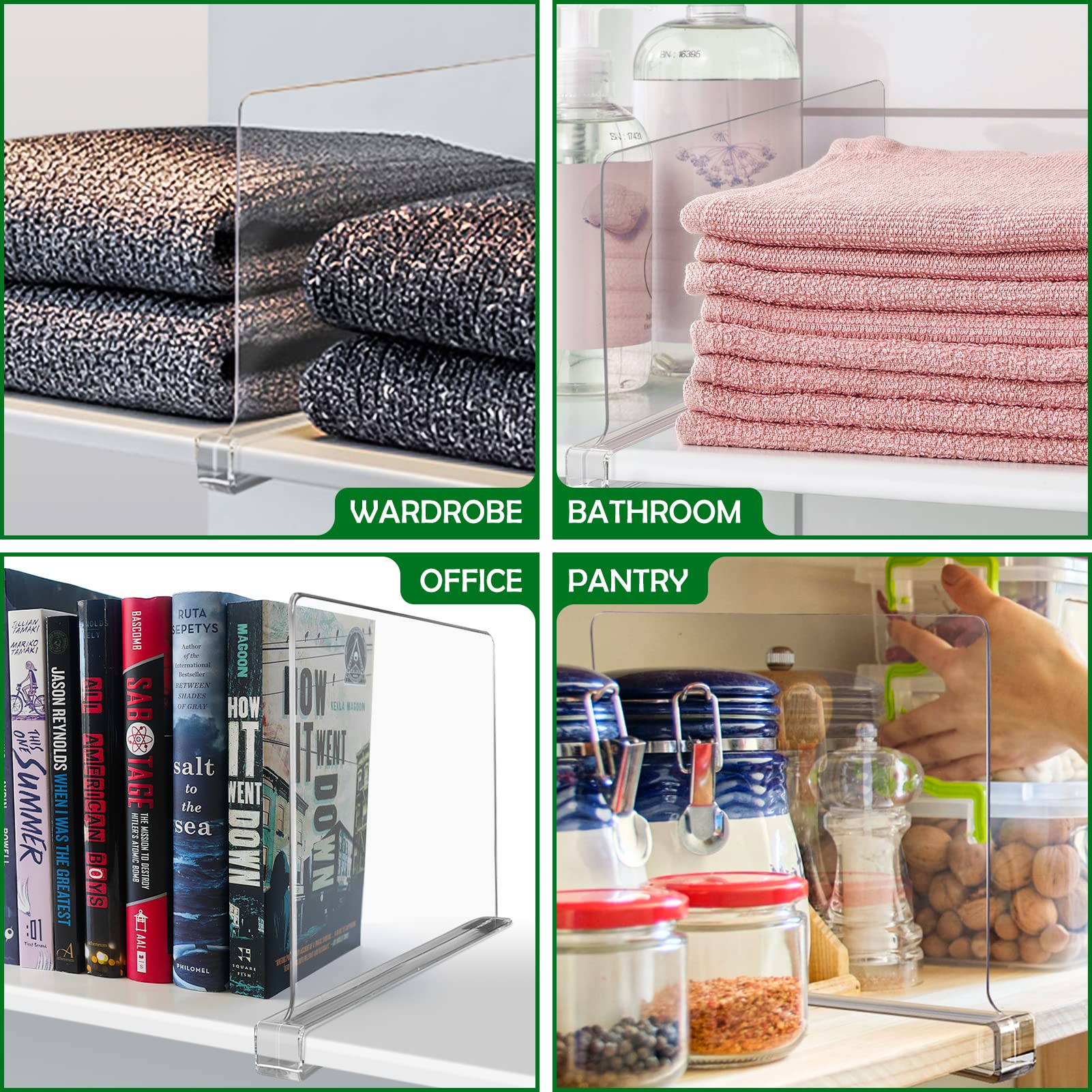 8 Pack Clear Acrylic Shelf Dividers for Closet Organization - Vertical Storage Organizer for Sweaters, Handbags & Purses - Perfect for Bedroom, Kitchen, Office & Wood Shelves