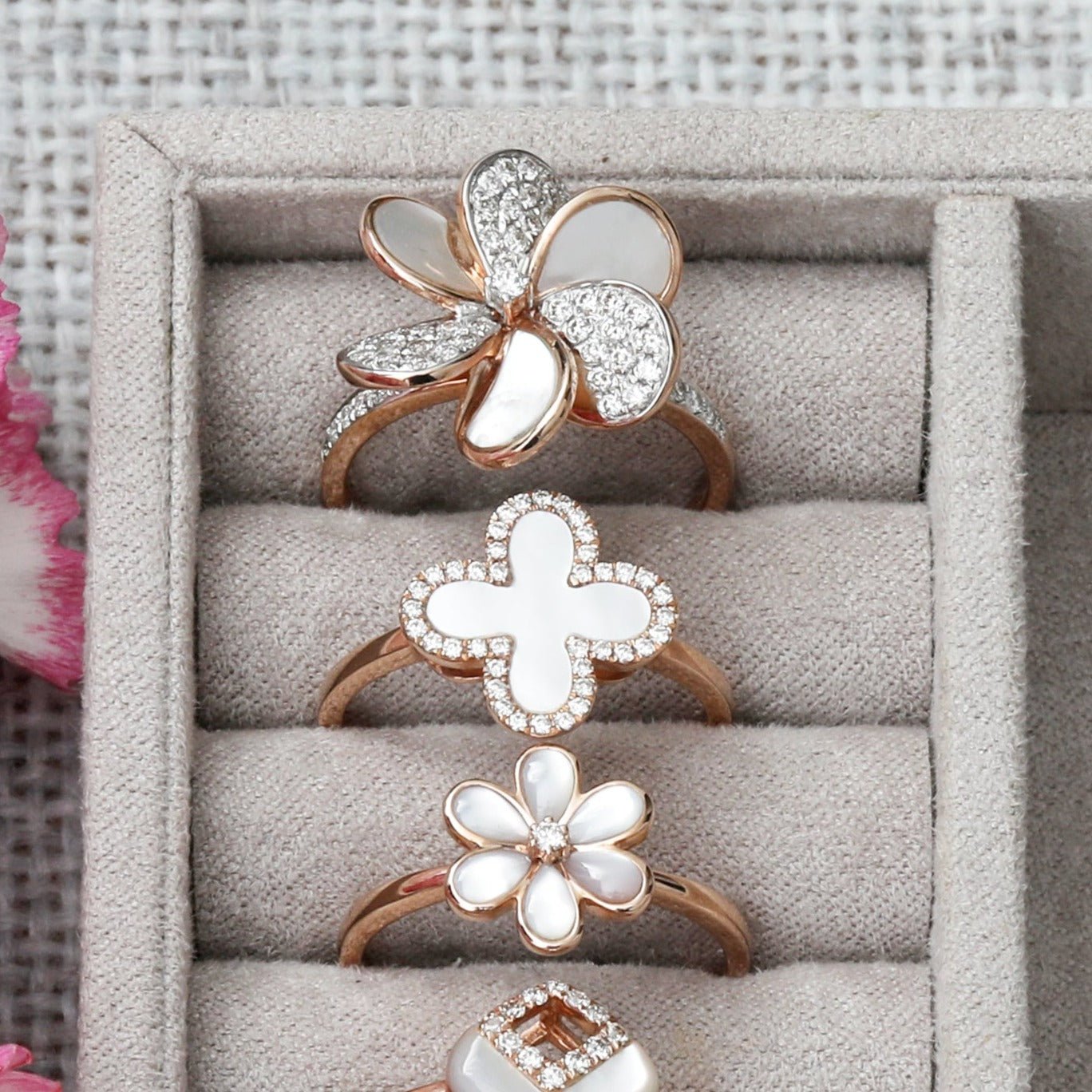 14k Rose Gold Mother of Pearl Clover Ring with Diamond Halo - Elegant Jewelry for Women, Perfect for Weddings, Anniversaries & Special Occasions