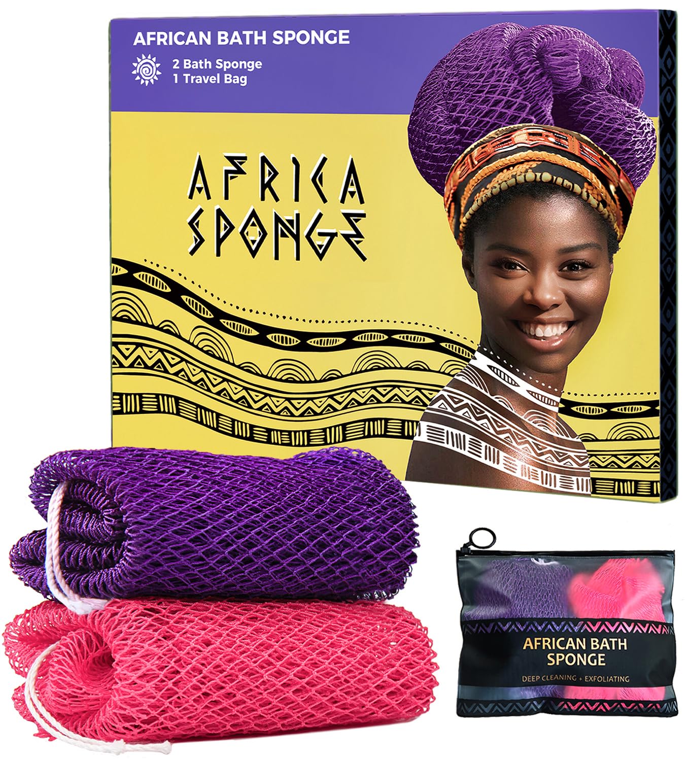 Authentic African Net Sponge - 2 Pack Exfoliating Body Scrubber & Back Scrubber for Shower, Bath & Travel with Free Pouch | Deep Cleansing, Skin Exfoliation & Spa Experience at Home