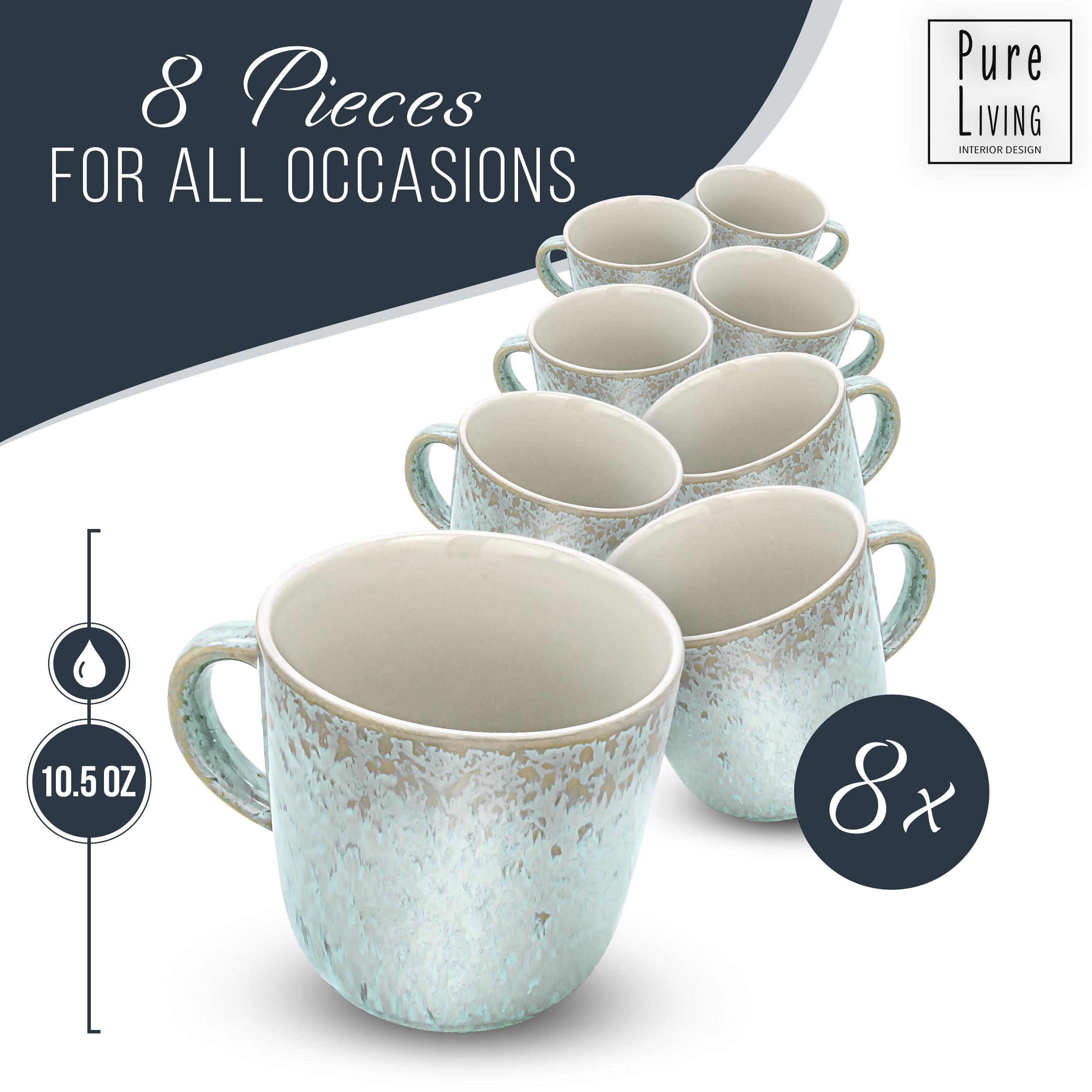 Premium Stoneware Coffee Mugs Set of 8 - Modern Beige & Blue Ceramic Coffee Cups (14.5 Oz) - Dishwasher & Microwave Safe - Perfect for Home, Office, or Gift Giving