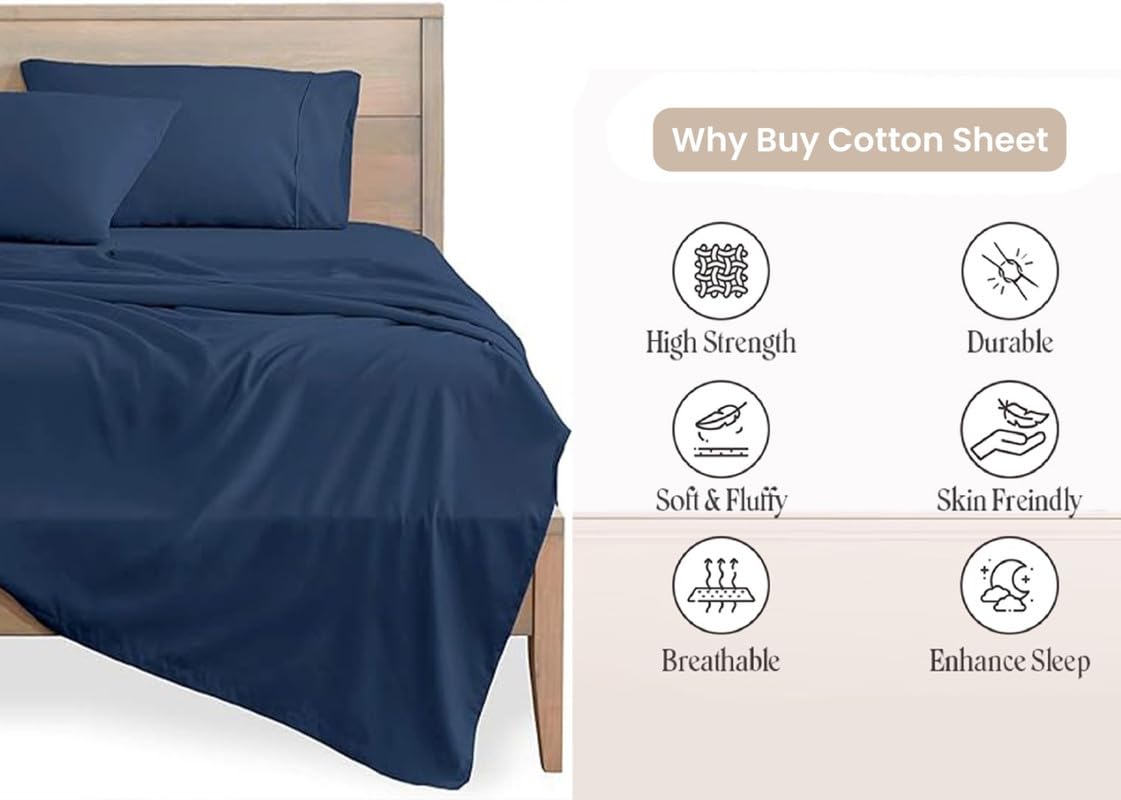 600 Thread Count Percale Cotton Queen Size Bed Sheet Set - Deep Pocket, Breathable & Soft for All-Season Comfort - Perfect for Home, Hotel, and Guest Room Use