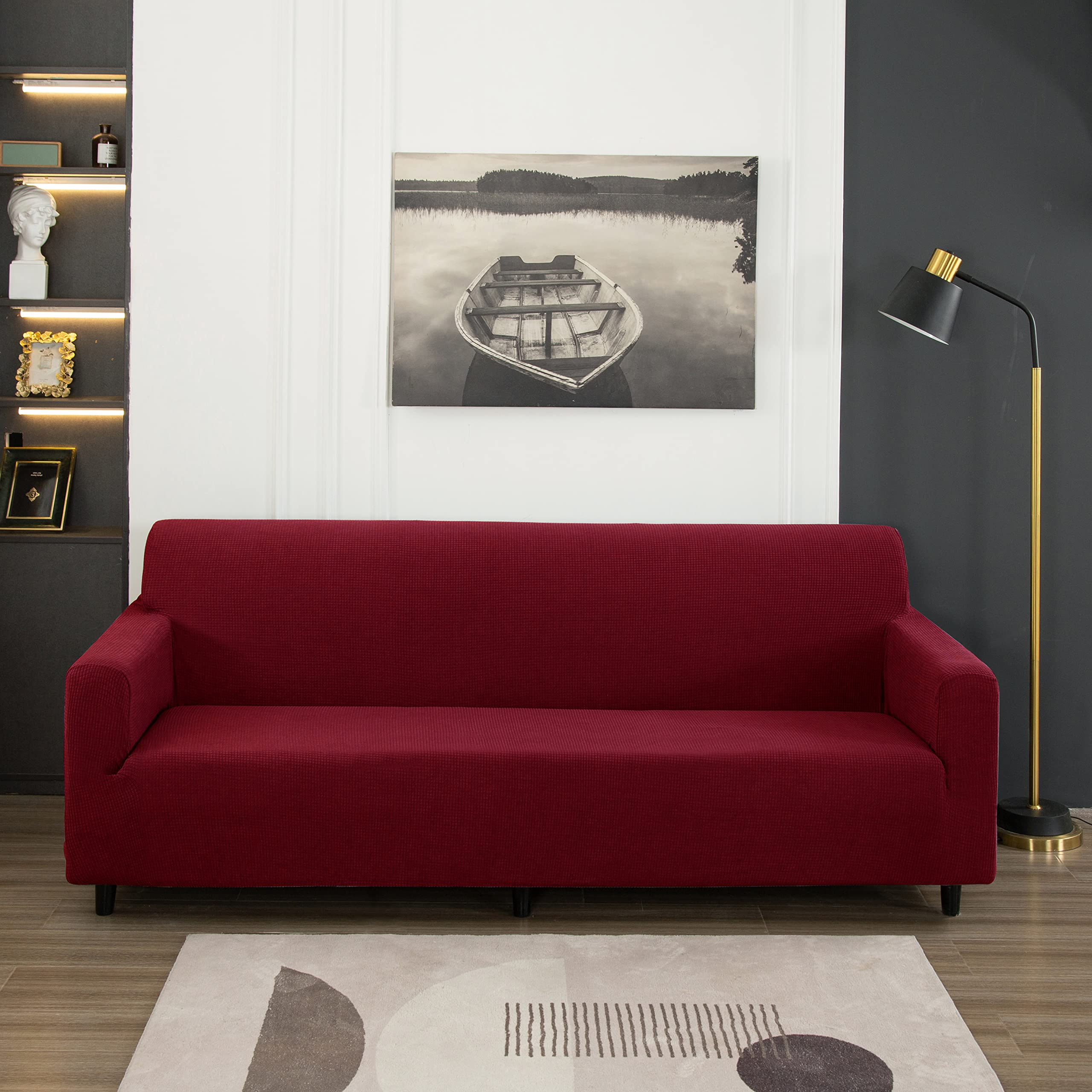 3-Piece Sofa Cover Set - Jacquard Velvet Slipcovers for 1/2/3-Seater Couch, Loveseat & Armchair - Wine Red Furniture Protector (Sofa+Loveseat+Armchair) - Perfect for Living Room, Family Room & Home Decor Protection