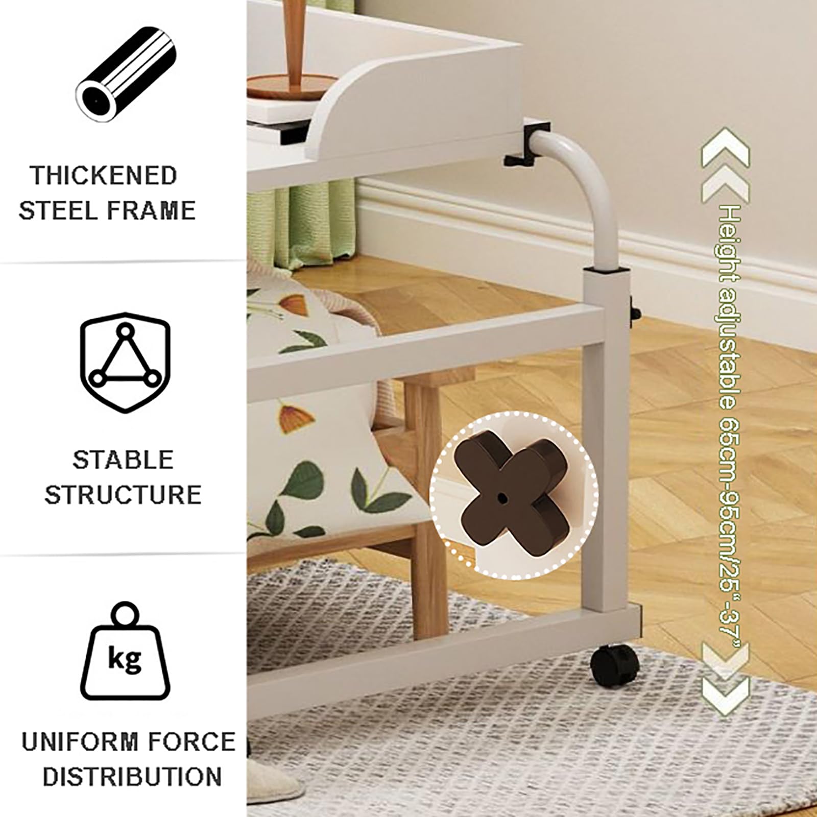 Adjustable Height Overbed Table with Wheels - Rolling Desk for Bed, King Size Wooden Bedside Laptop Table - Mobile Computer Workstation for Full, Queen & King Beds - Perfect for Home Office, Hospital Use, and Bedside Dining