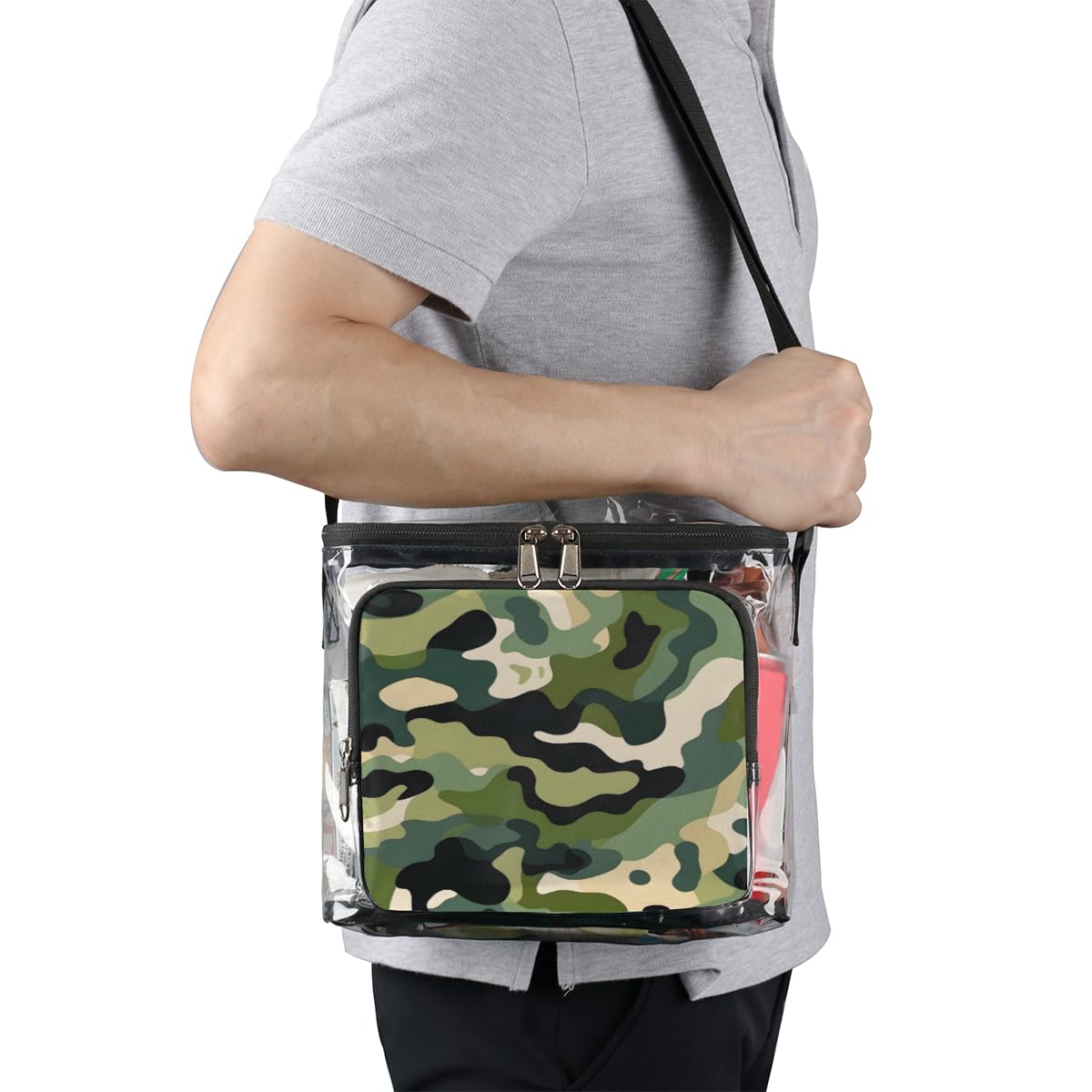 GzLeyigou Military Camo Clear Tote Bag with Handles - Fashionable Camouflage Green Transparent Crossbody Shoulder Bag for Lunch, Outdoor, Travel, Picnic, Concerts & Sports Events - Stadium Approved Multipurpose Carryall | Perfect for School, Beach, Shopping & Festival Essentials
