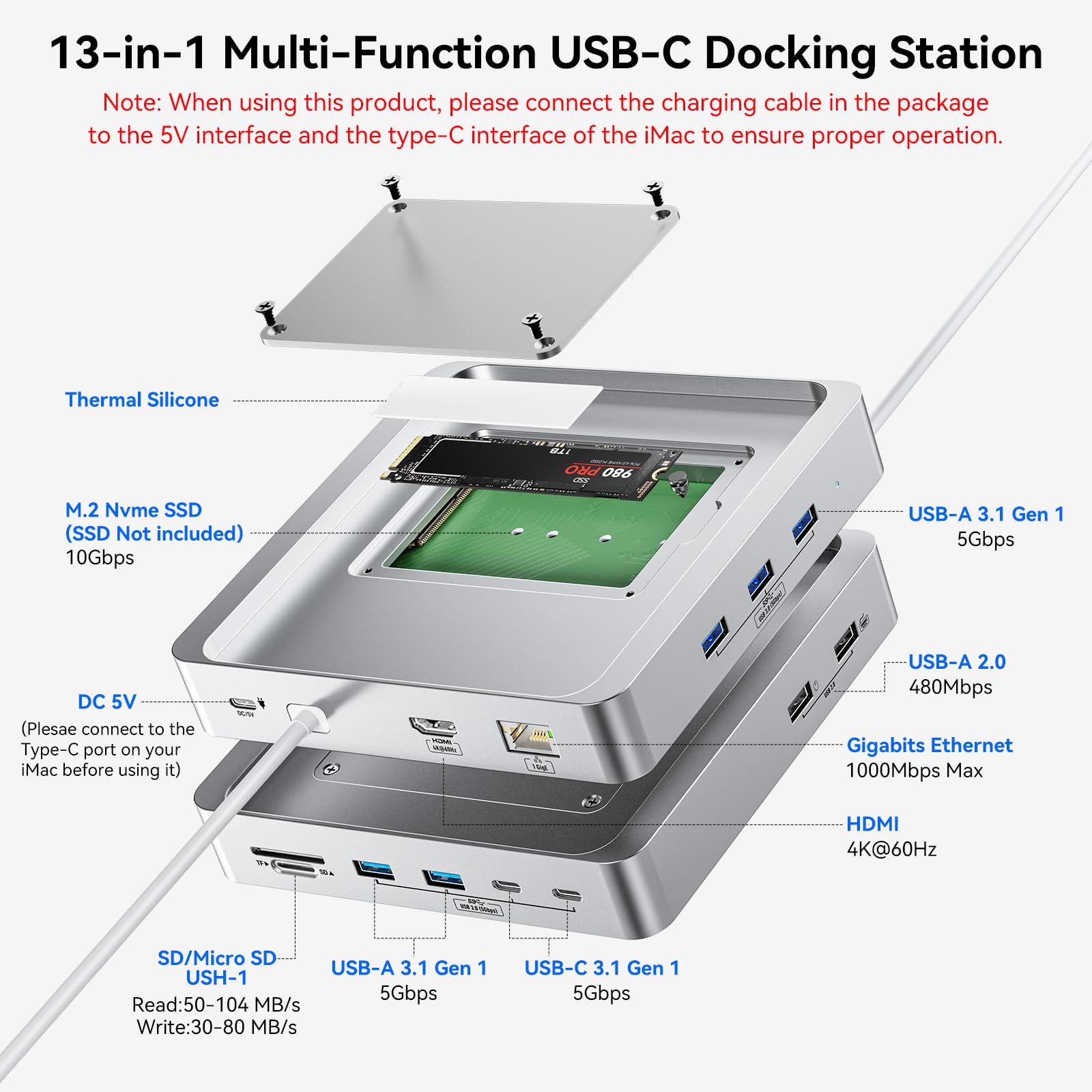 13-Port USB C Hub for iMac 24 inch 2021/2023/2024 - 5 USB-A & 2 USB-C 3.0 Ports, 4K@60Hz HDMI, 1Gbps Ethernet, SD/TF Card Reader - Compatible with iMac M1/M3/M4 - Perfect for Home Office, Video Editing & External Storage Expansion (M.2 NVME SSD Not Included)