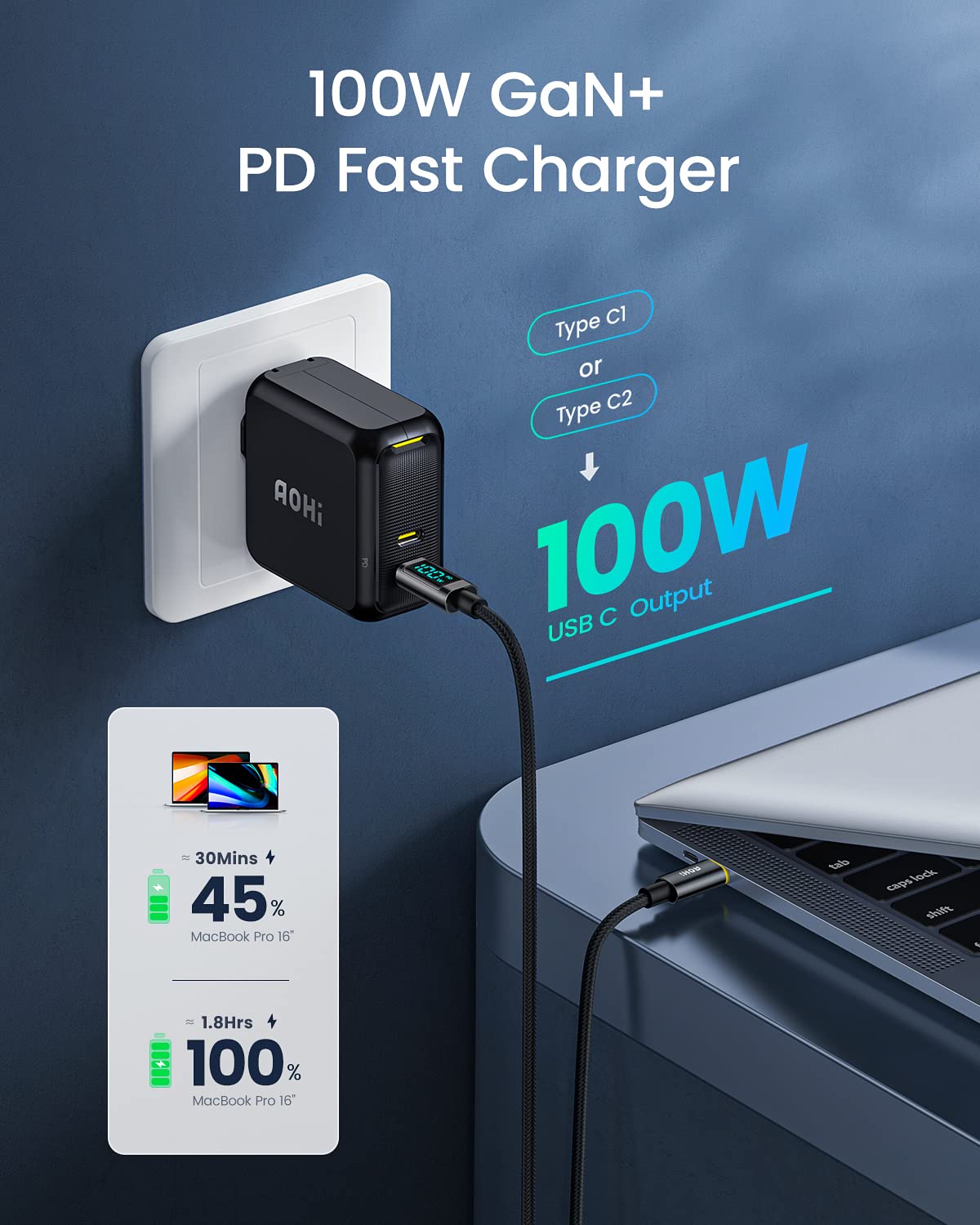 AOHI 100W 2-Port Foldable GaN USB C Fast Charger with LED Display - Includes USB C to C & USB C to Lightning Cable (4FT) - Perfect for MacBook, iPhone, iPad & Travel Charging