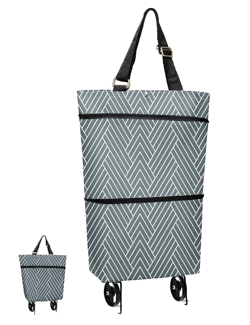 Foldable Grocery Cart with Wheels - Grey Stripe for Shopping & Market Use