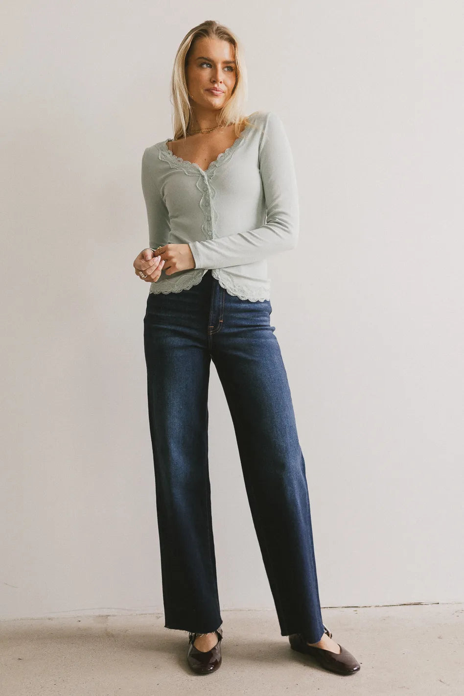Logan Lace Trim Top Women's Fashion Blouse in Dusty Blue - Perfect for Casual Outings, Date Nights & Summer Wear