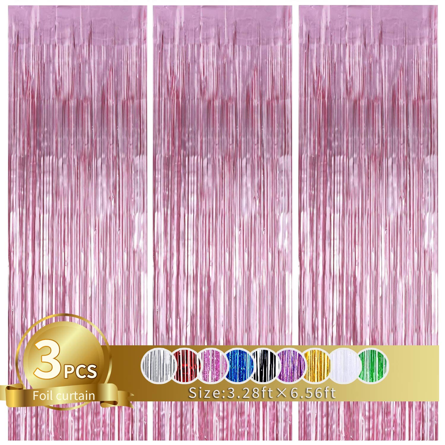 TONIFUL 3Pcs Pink Metallic Foil Fringe Curtains - 9.9ft x 6.6ft Door Streamers & Photo Booth Backdrop for Birthday, Christmas, New Year, Bridal Shower, Bachelorette Party Decor - Perfect for Home, Wedding & Event Decoration