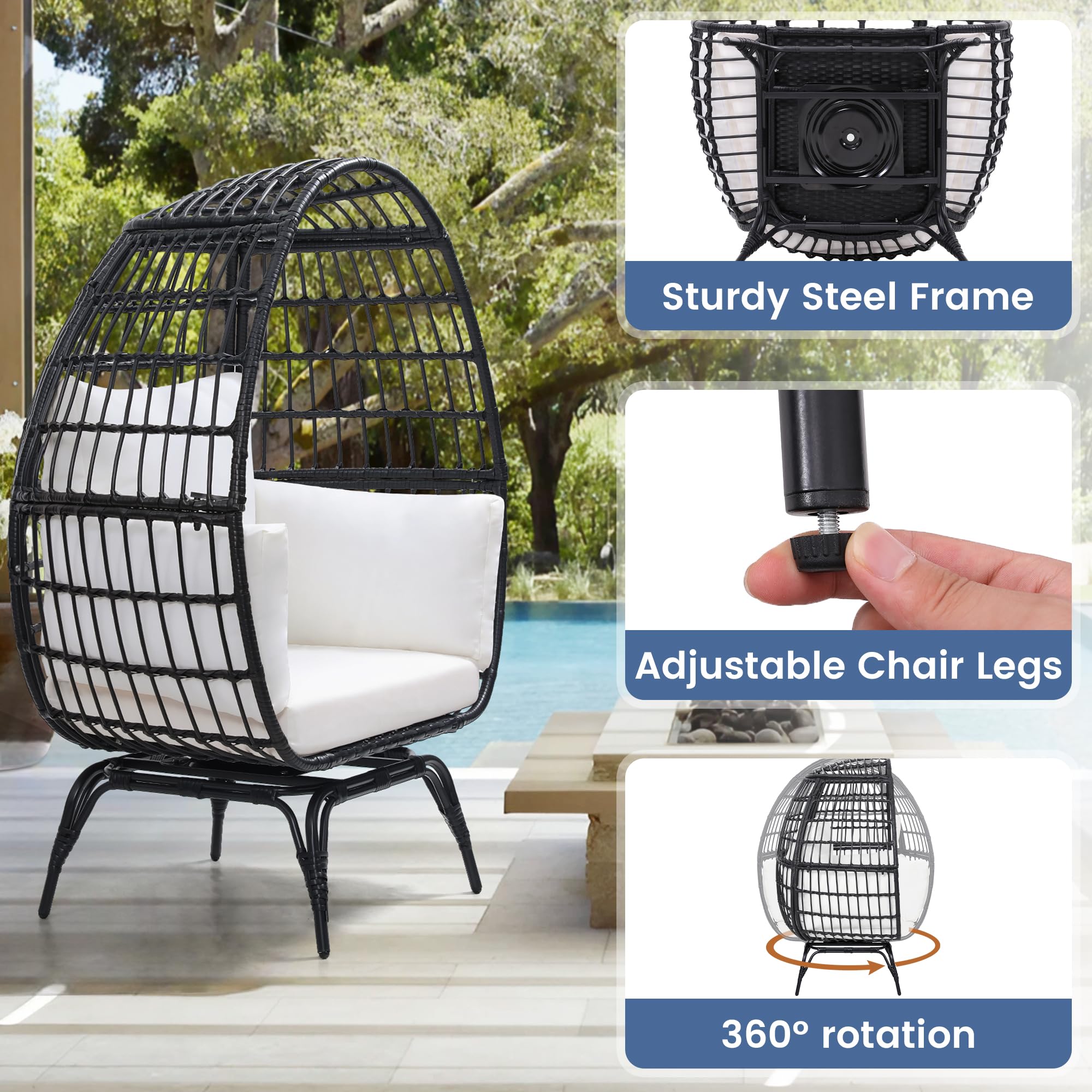 360° Swivel Rattan Egg Chair for Adults - Oversized Indoor/Outdoor Wicker Hanging Chair with Beige Cushions - Perfect for Patio, Garden, Living Room & Balcony Relaxation - Black Rattan Egg-Shaped Lounge Chair with Thick Comfortable Cushions