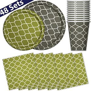 Eco-Friendly Gray & Green Forest Themed Paper Dinner Plates & Dessert Plates Set for 48 - Perfect for Birthday Parties, Picnics, and Outdoor Events