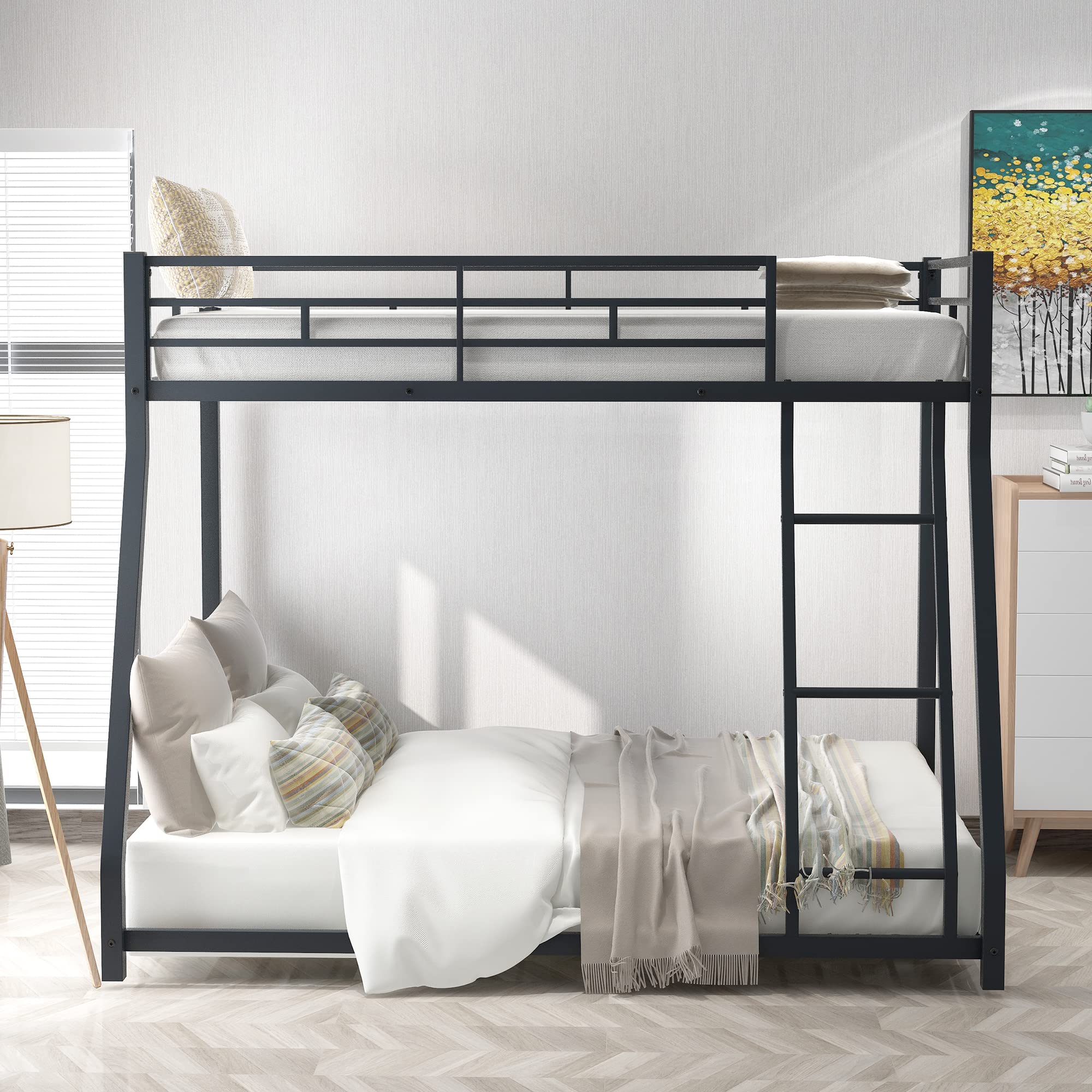 Harper & Bright Designs Twin Over Full Metal Bunk Bed Frame with Ladder & Guardrail - Space Saving Low Profile Bunk Bed for Kids Teens Adults - Perfect for Small Bedrooms, Dorms & Guest Rooms (Black)