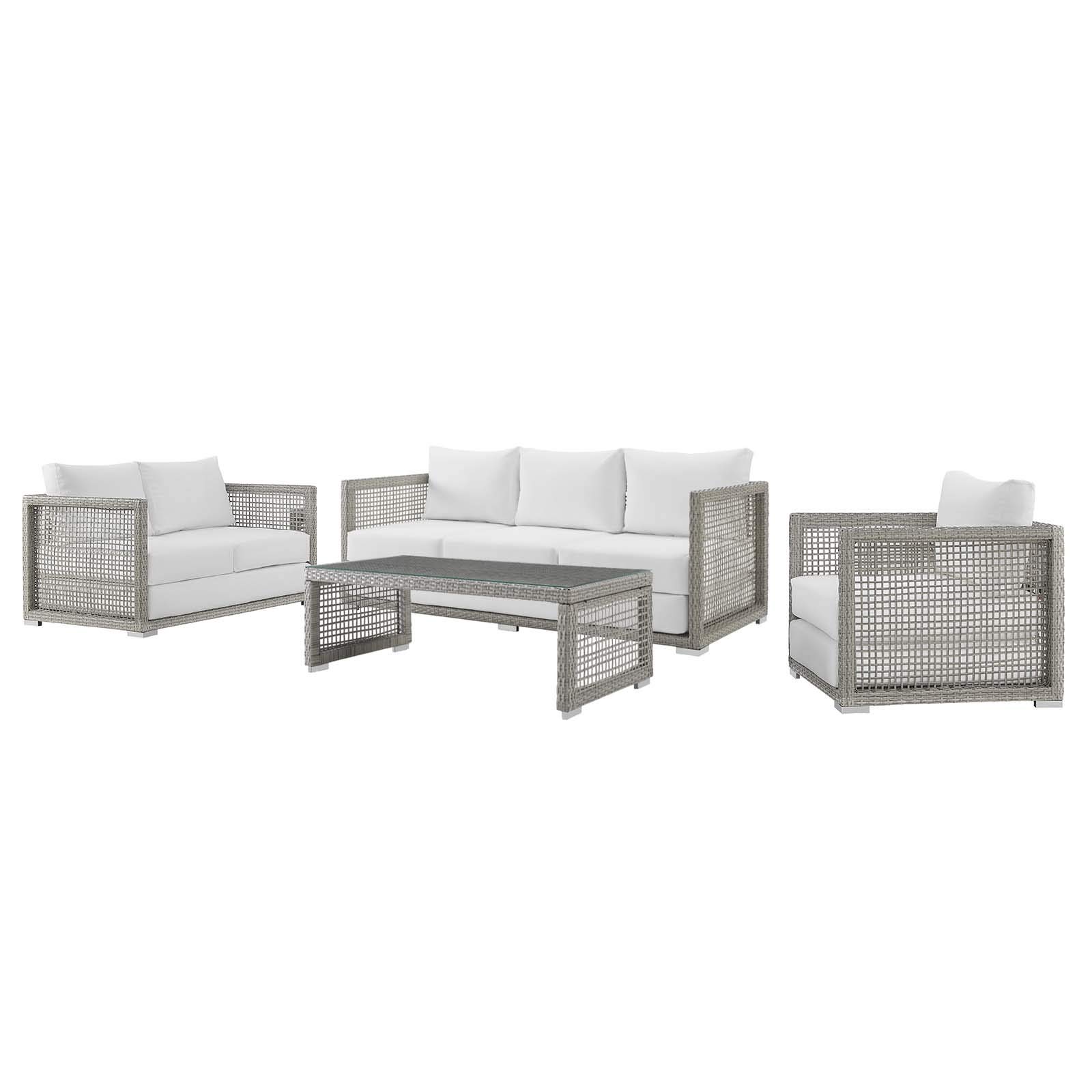 Modern Outdoor Patio Lounge Sofa Set with Chair & Coffee Table, Rattan Wicker Fabric in Grey & White - Perfect for Backyard Relaxation & Garden Gatherings