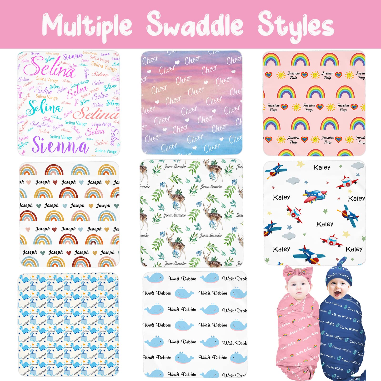 Personalized Baby Swaddle Blanket Set - Custom Name Embroidered Nursery Blanket with Bow Headband & Hat - Perfect Baby Shower Gift for Boys & Girls - Ideal for Newborn Photography, Christening & Special Occasions