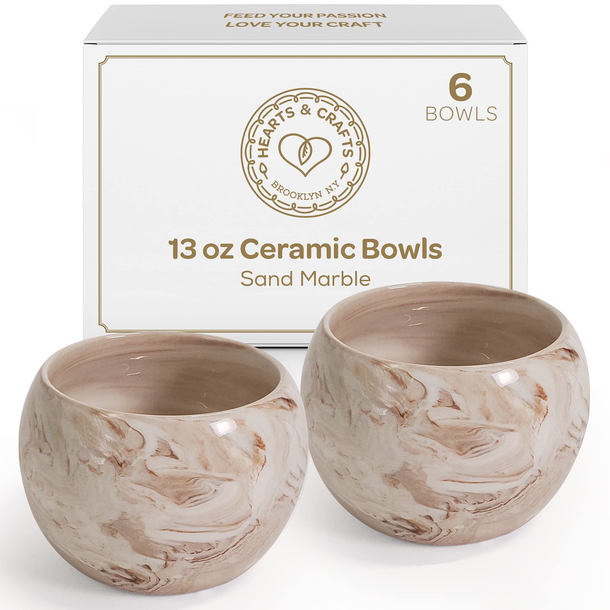 Hearts & Crafts Sand Marble Ceramic Bowls - 13oz Set of 6 for Candle Making, Arts & Crafts, Storage, Candy Dishes, Planters & Gift Giving - Perfect for Home Decor, Wedding Favors & DIY Projects