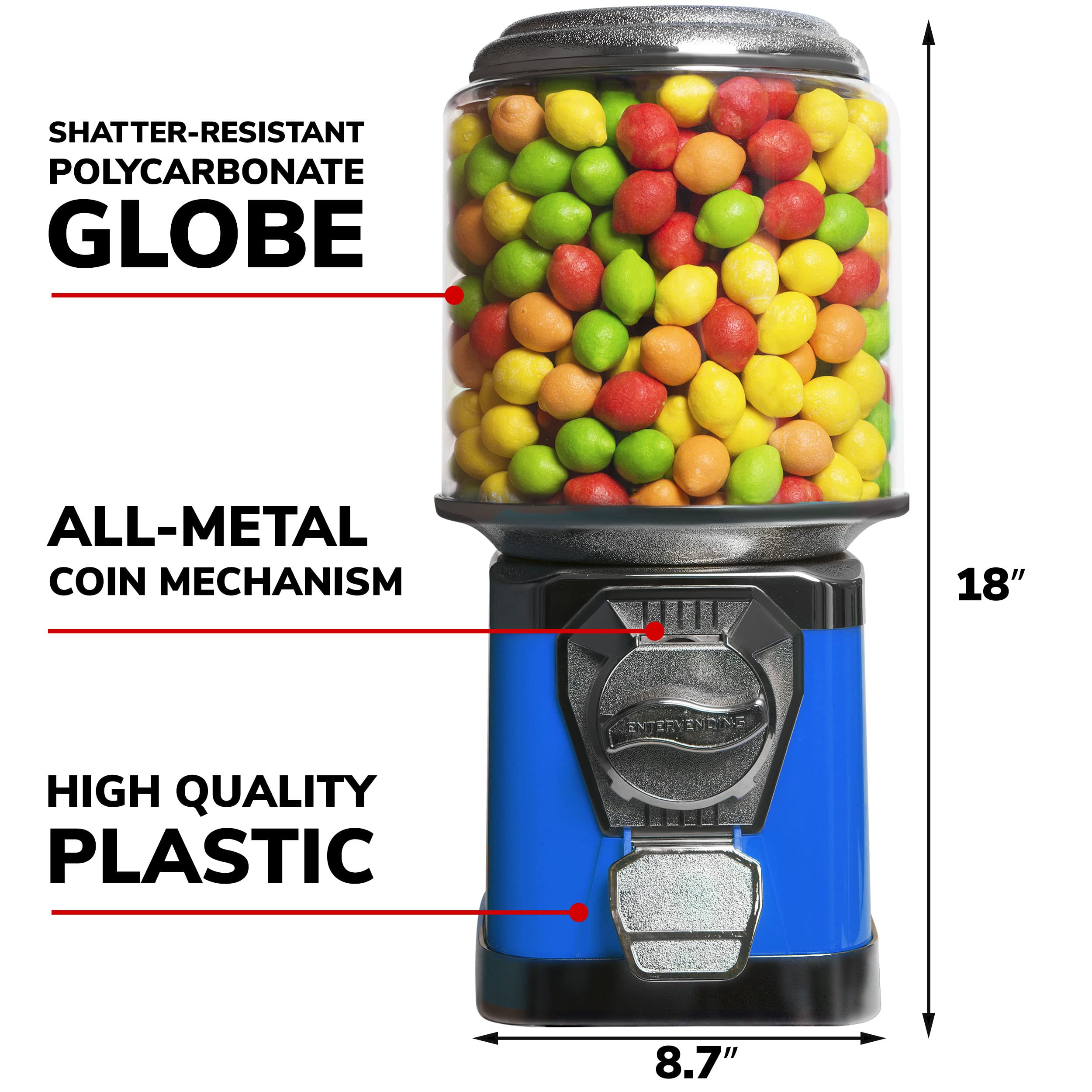 Blue Gumball Machine for Kids - Coin Operated Bubble Gum Vending Machine with Cylinder Globe - Fun Home & Party Candy Dispenser - Perfect for Birthday Parties, Classroom Rewards & Office Snacks