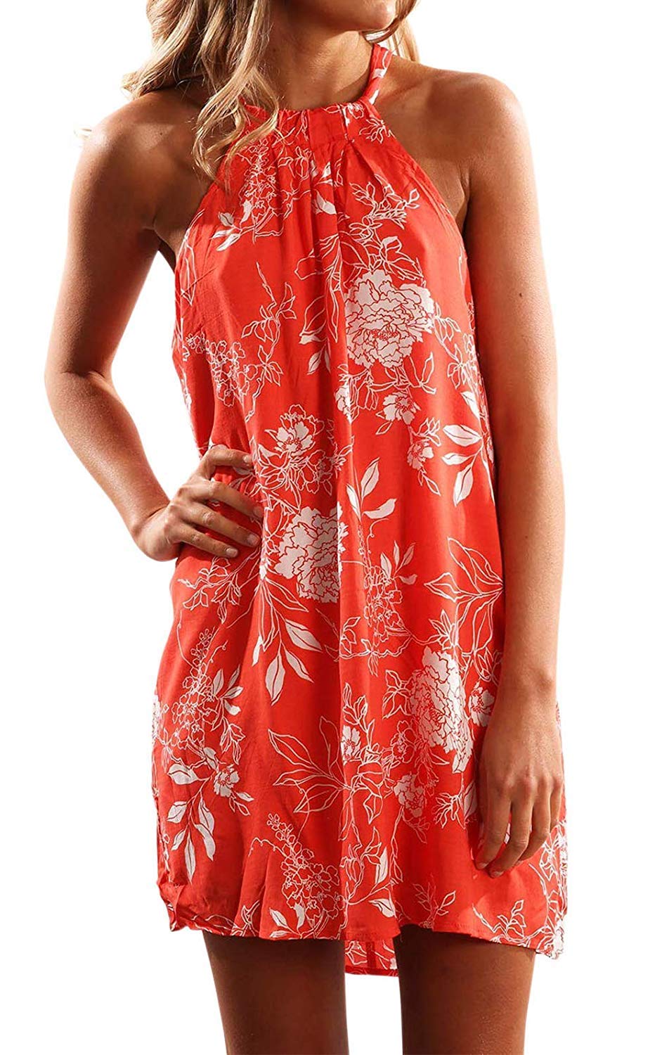 Fronage Women's Floral Sleeveless Mini Dress - Summer Beach Halter Neck Casual Dress for Vacation, Pool Party & Outdoor Date Night