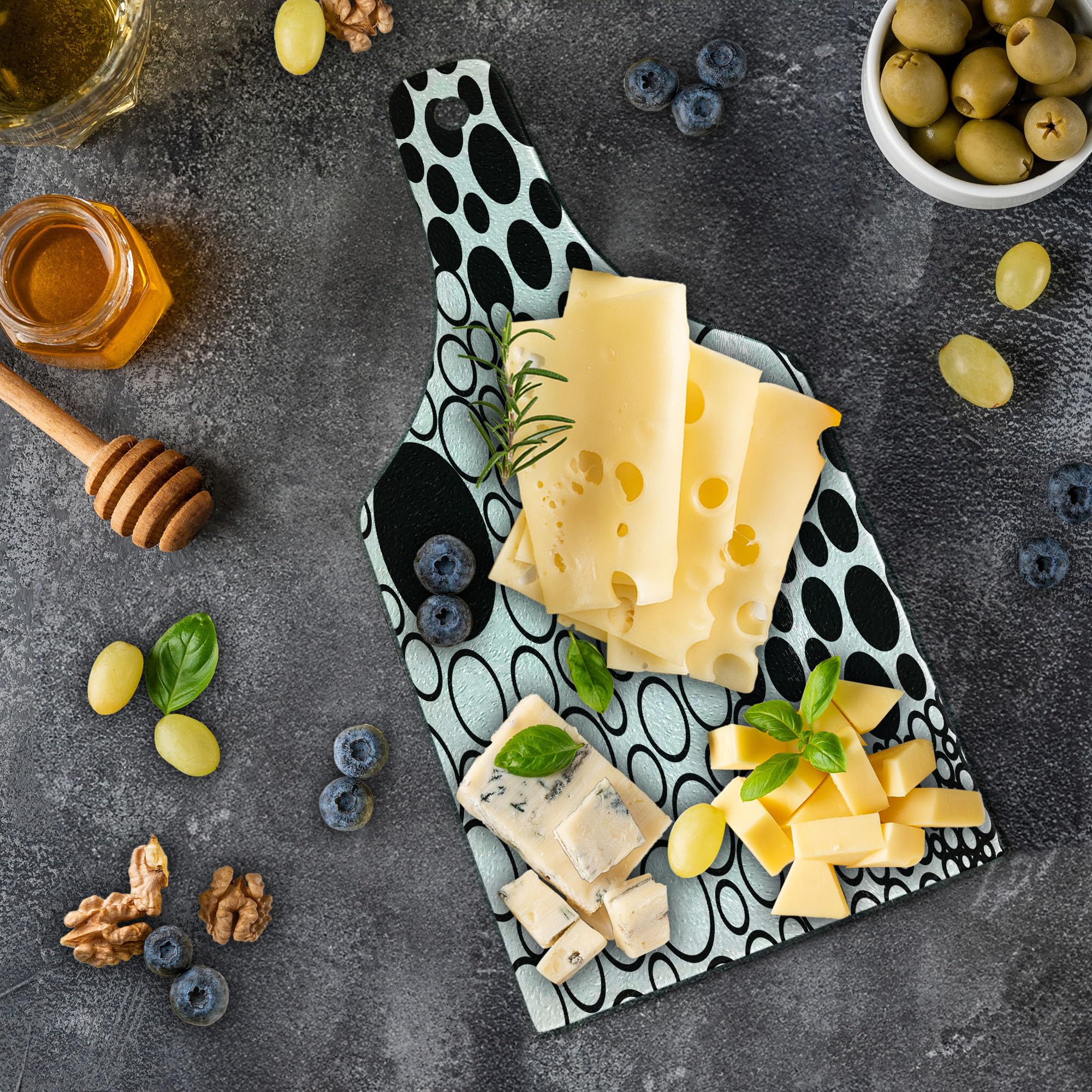 Ambesonne Yin Yang Cutting Board - Black & White Abstract Design with Retro Dots - Tempered Glass Serving Board for Kitchen & Dining - Perfect for Charcuterie, Cheese Display & Wine Bottle Serving