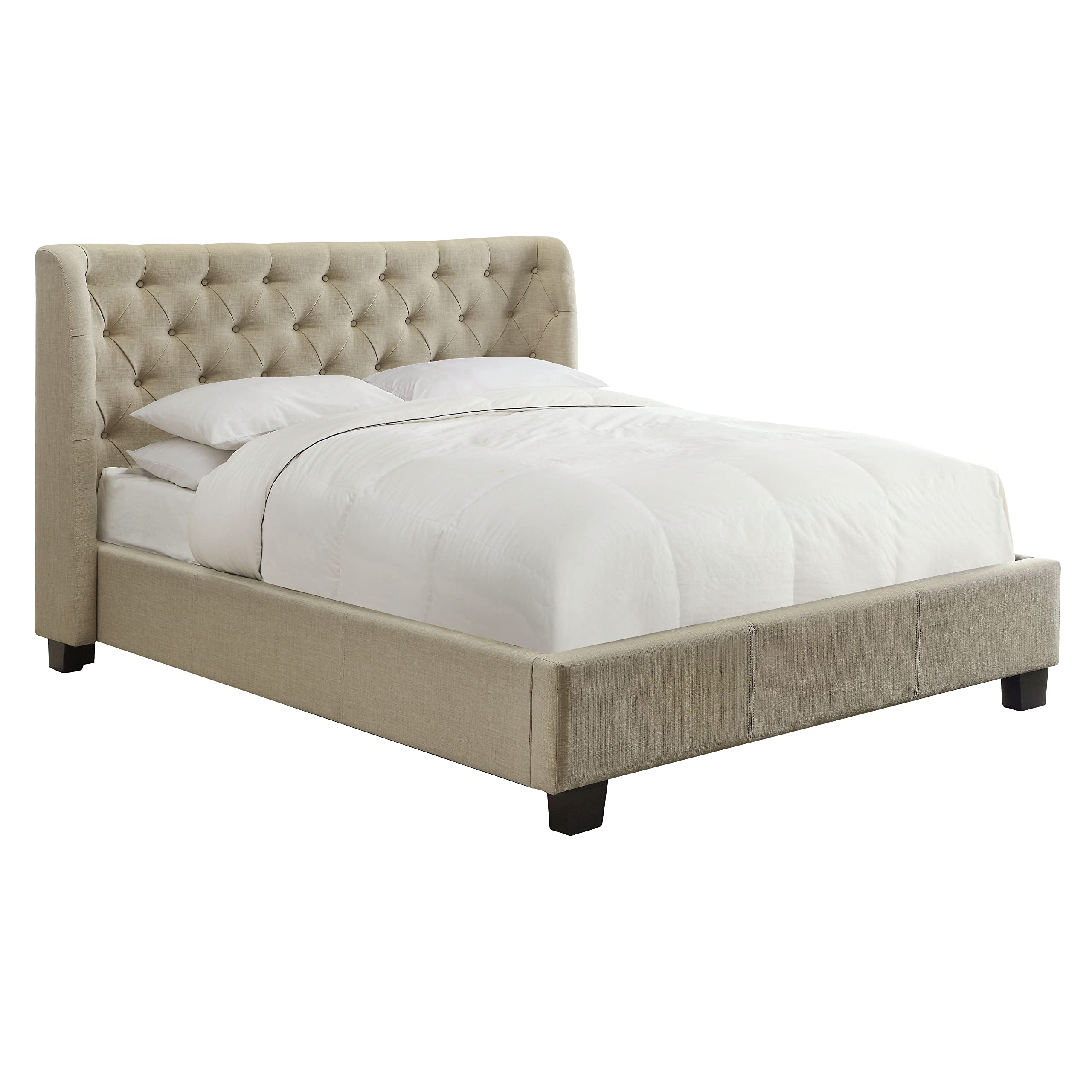 Modus Furniture Solid Wood Queen Size Platform Bed Frame - Levi Toast Linen Upholstered Headboard | Modern Bedroom Furniture for Small Spaces & Guest Rooms
