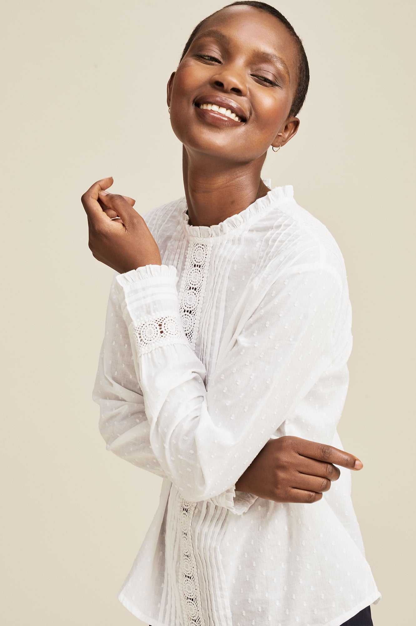 Gina Frill Dobby Blouse for Women - Elegant White Blouse with Ruffles | Perfect for Office Wear, Date Night & Spring Outfits