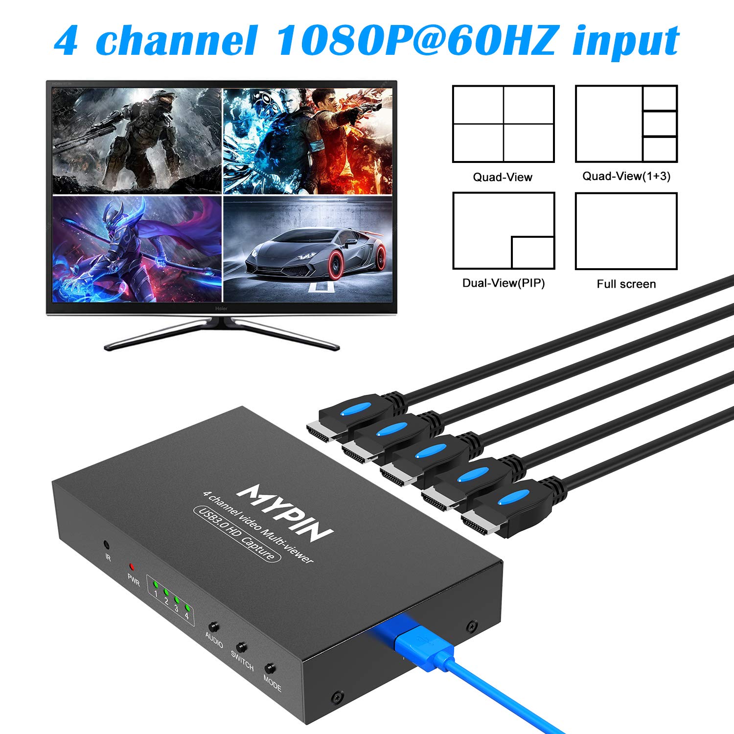 MYPIN USB 3.0 HDMI Video Capture Card - 4K 1080P 60fps Multi-Channel Game Capture Device with Loop Out for Xbox One, PS4, Wii U, Nintendo Switch - Perfect for Live Streaming, Gaming, Video Recording & Content Creation