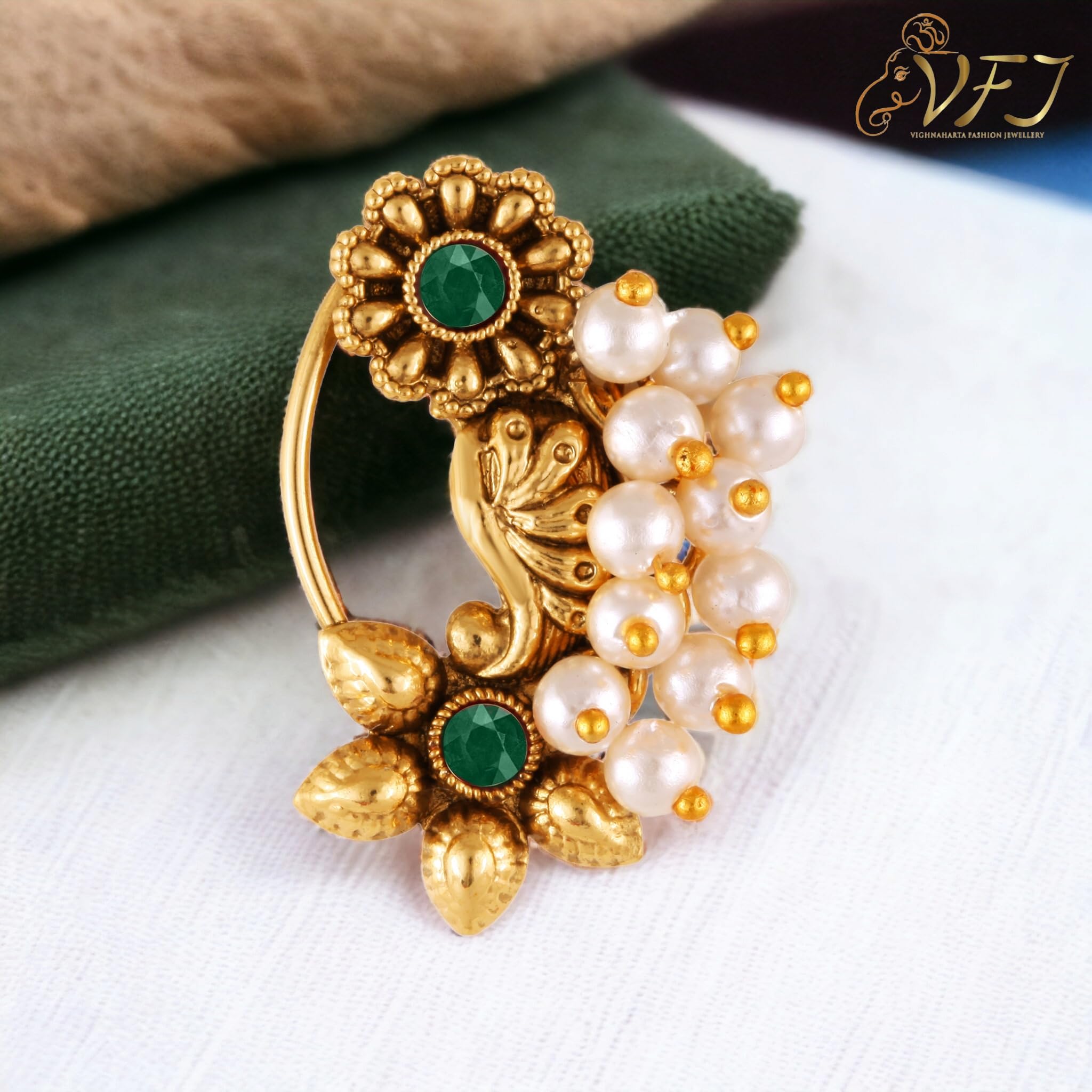 Vighnaharta Gold Plated Pearl Alloy Nose Ring with Artificial Stones - Traditional Maharashtrian Non-Piercing Nathiya Nose Pin - Valentine's Day Gift for Women & Men (VFJ1180NTH-Press-Green) | Perfect for Weddings, Festivals & Ethnic Fashion