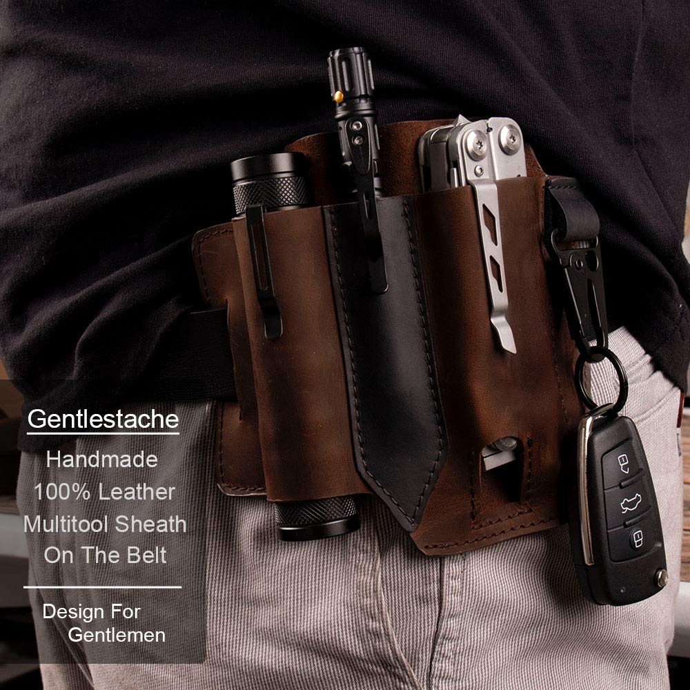 Premium Leather EDC Pocket Organizer for Men - Belt Sheath for Multitool, Pen Holder, Key Fob & Flashlight | Durable Leatherman Sheath in Dark Brown | Perfect for Outdoor Adventures, Camping & Everyday Carry