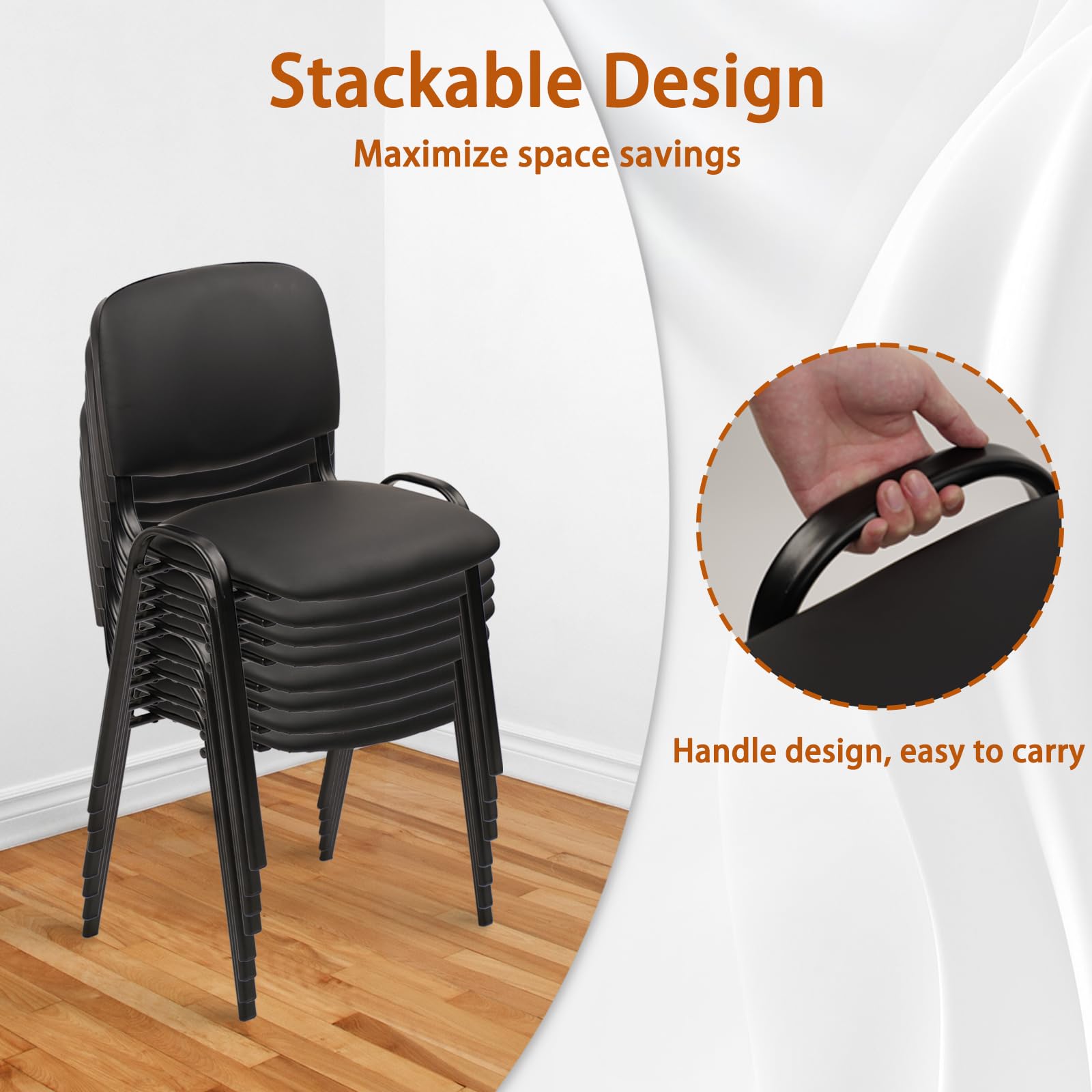 CLATINA Stackable Conference Room Chairs - 10 Pack Black PU Leather Armless Guest Chairs with Metal Frame for Office, Reception, Lobby, Training School & Waiting Areas | No Wheels, Space-Saving Design for Business & Educational Settings
