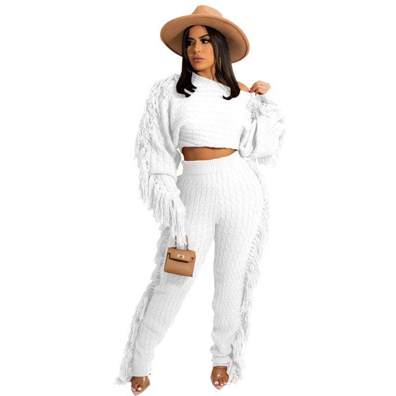 Solid Color Knitted Long Sleeve Fringe Suit - Women's Elegant Loungewear for Home, Office & Special Occasions