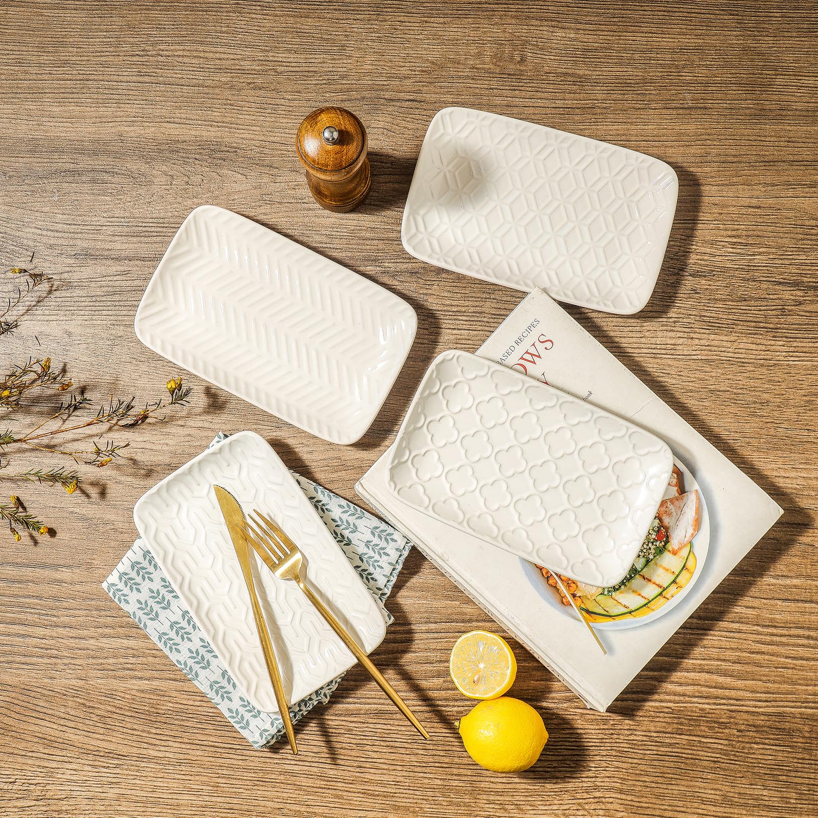 Sureasy 8 Inch Rectangular Ceramic Salad Plates - Set of 4 White Embossed Porcelain Appetizer Dishes for Dessert, Sushi & Small Serving | Perfect for Dinner Parties, Entertaining & Home Decor