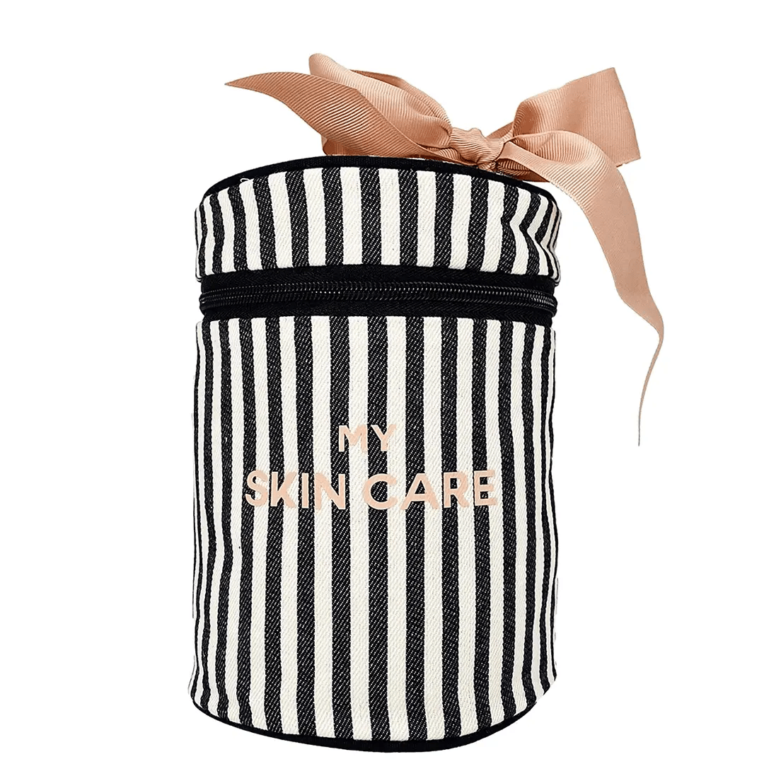 Round Travel Makeup Organizer with Handle - Striped Cosmetic Bag for Skincare & Toiletries - Perfect for Gym, Travel, and Daily Use