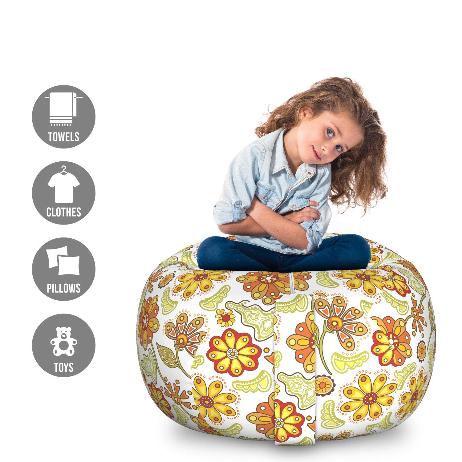 Ambesonne Floral Storage Toy Bag Chair - Large Cartoon Style Colorful Flowers Stuffed Animal Organizer, Washable Mustard Vermilion White Bag for Kids' Room & Playroom Organization