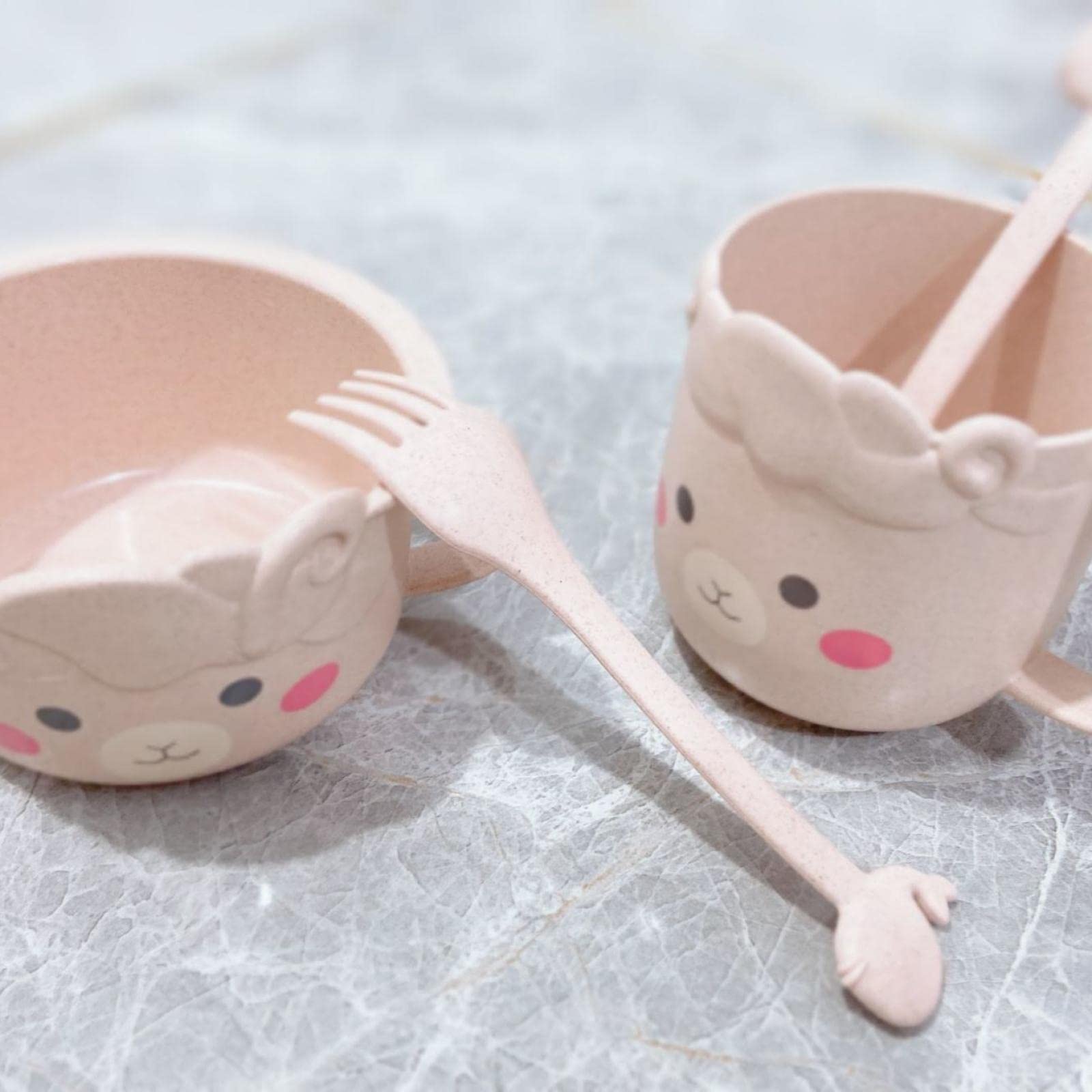 **Hanaiette Kids' Non-Slip Feeding Set - BPA-Free Baby Bowls, Spoons & Forks for Toddlers - Cute Cartoon Design for Home, School Lunch & Travel (Light Pink)**    *(Perfect for Baby-Led Weaning, Daycare Meals & On-the-Go Snacks!)*