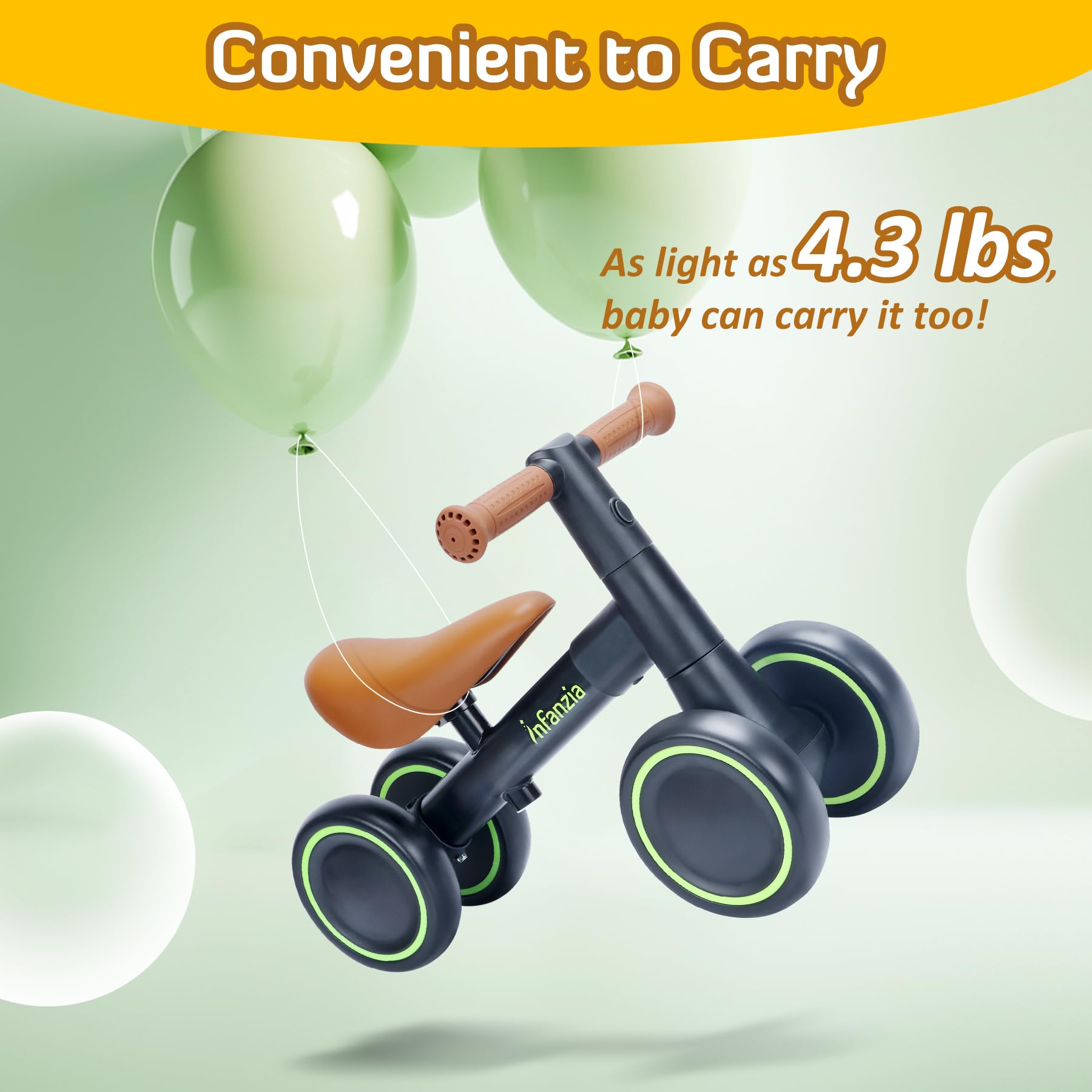 INFANZIA Adjustable Baby Balance Bike for 12-36 Months - No Pedal 4-Wheel Toddler Bike for Boys & Girls - First Birthday Gift & Learning Toy for 1-3 Year Olds - Perfect for Indoor Play & Outdoor Riding