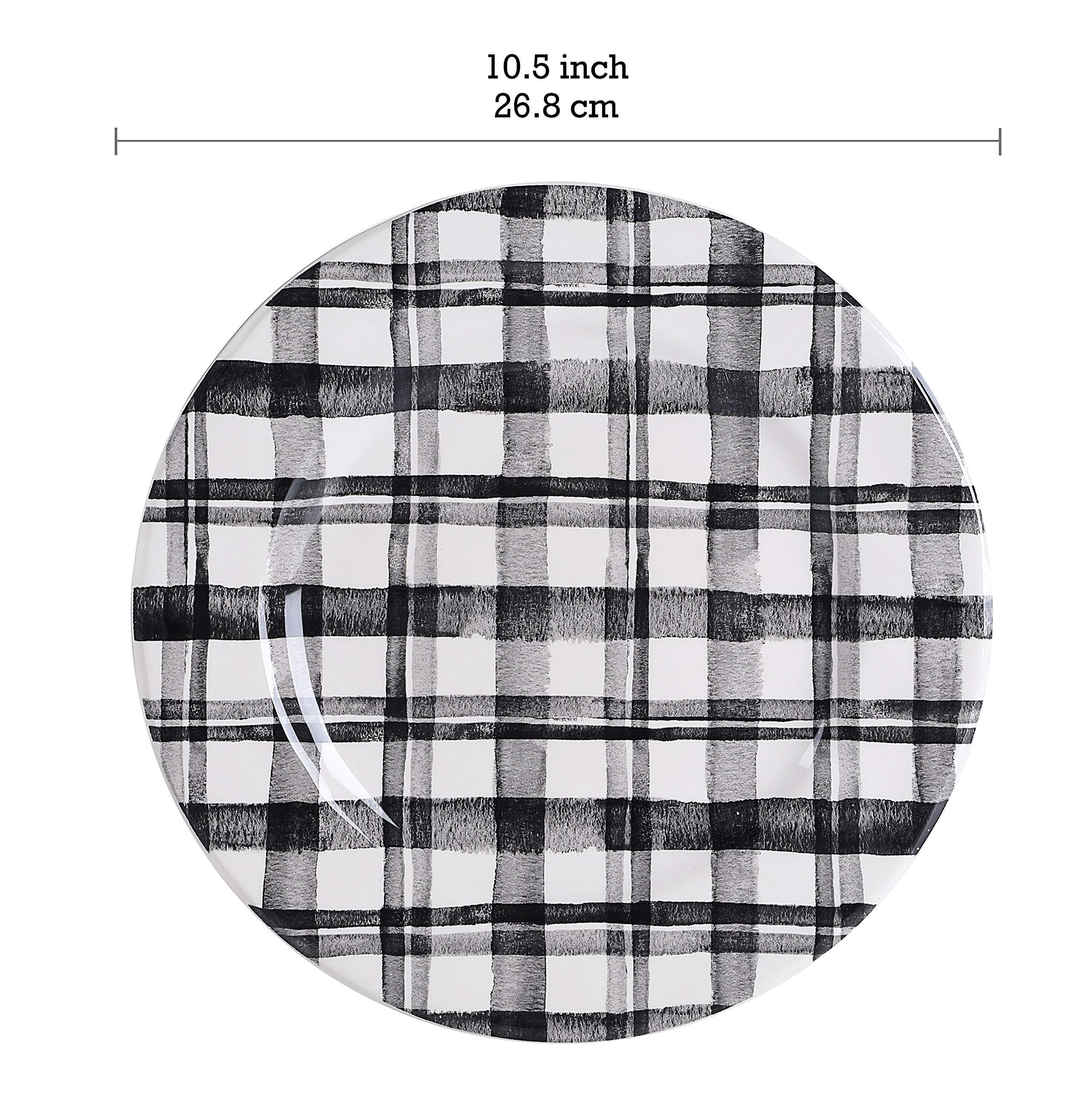 Bico Black and White Plaid Ceramic Dinnerware Set - 12 Piece Service for 4, Includes 11