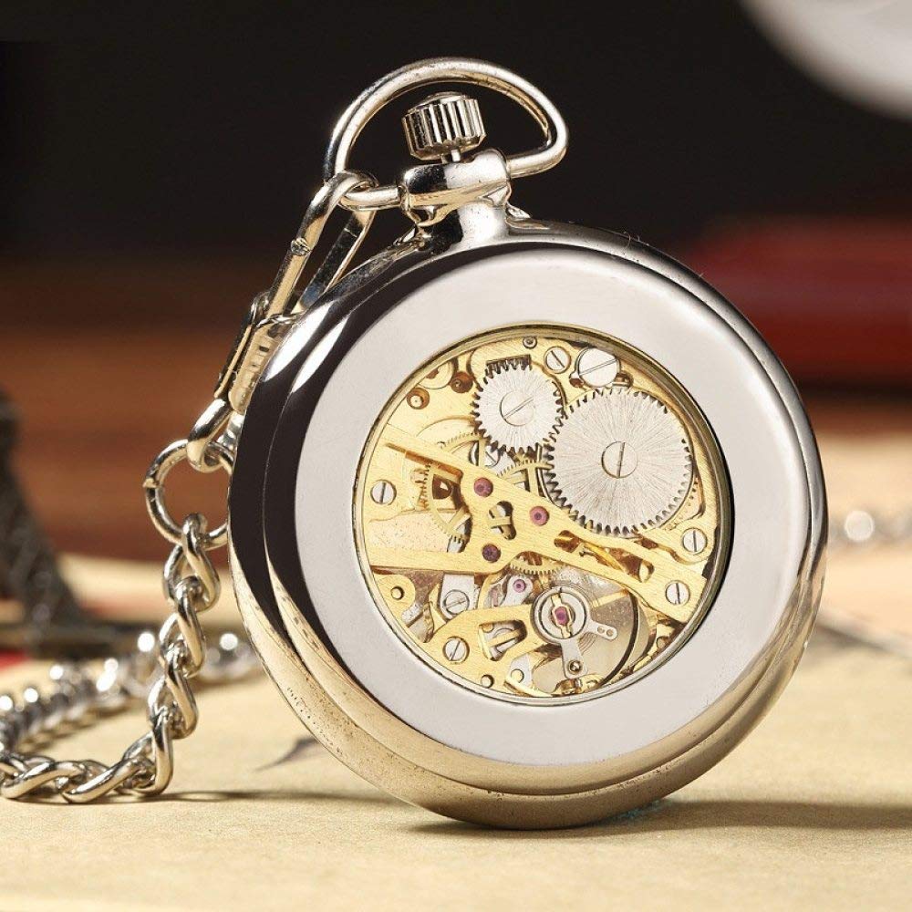 Vintage Silver Skeleton Mechanical Pocket Watch for Men & Women - Transparent Design with FOB Chain, Hand Winding, Full Steel Construction - Perfect for Collectors, Steampunk Fashion, and Special Occasions