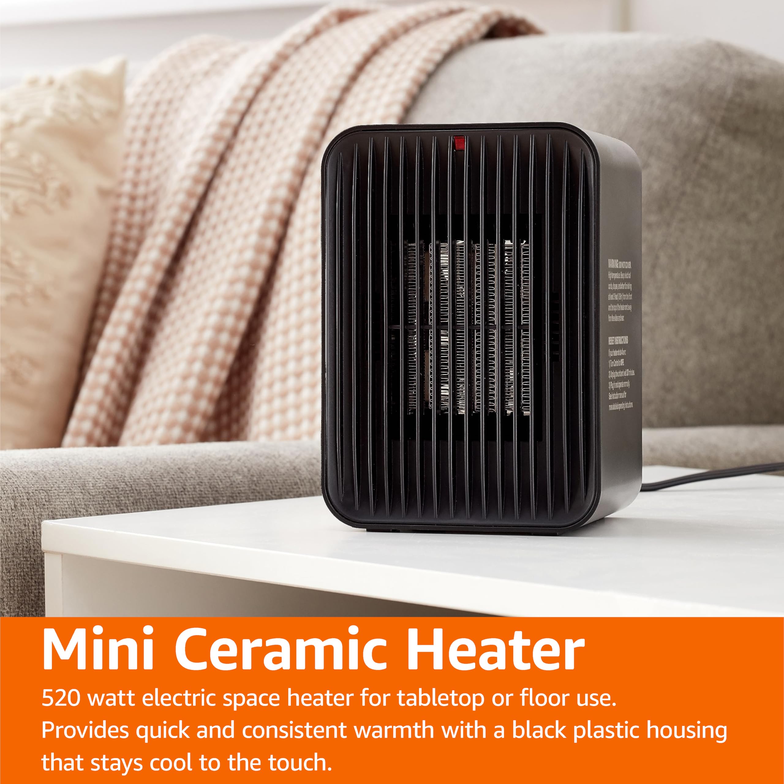 Amazon Basics Ceramic Space Heater - 520W Portable Electric Heater with 3 Heat Settings & Thermostat, Lightweight (1.7 lbs) for Bedroom, Office, Small Rooms - Black, 5.1
