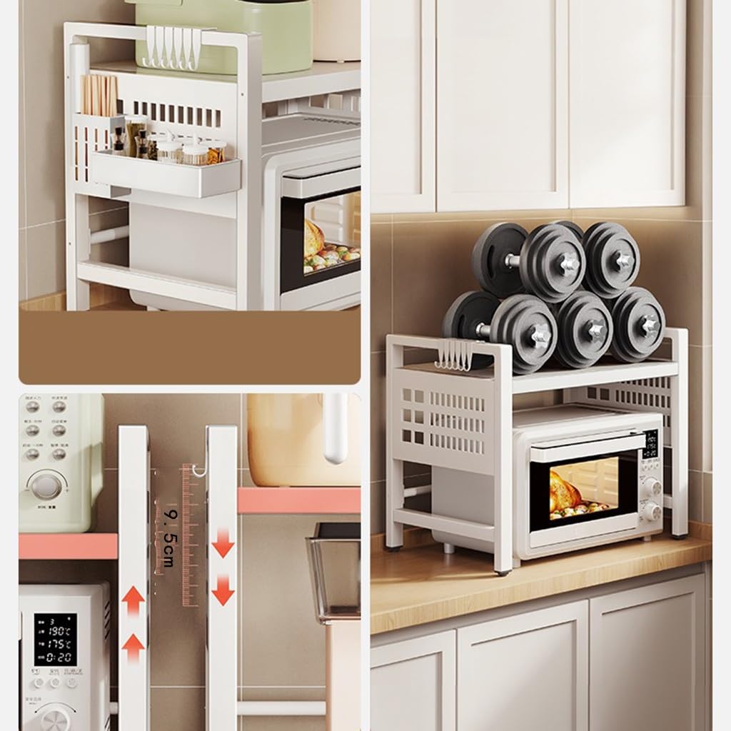 FLTRGO 3-Tier Extendable Microwave Oven Rack - Adjustable Heavy Duty Metal Pantry Shelf with Spice Organizer, Paper Towel Holder & 6 Hooks - Space Saving Kitchen Organizer for Home, Office or Dorm Countertop - Perfect for Small Spaces, Microwave Storage & Kitchen Organization
