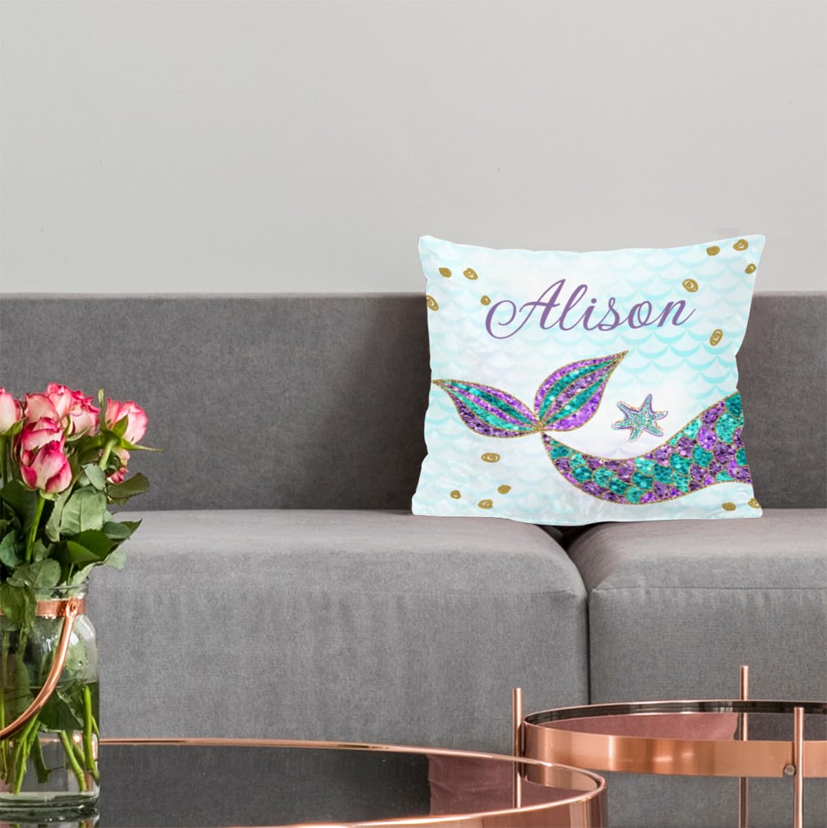 Custom Personalized Baby Name Nursery Throw Pillow Cover - Unique Gift for Baby Boy or Girl - Mermaid Glitter Design - Soft Couch Cushion for Nursery, Living Room & Home Decor | Perfect for Birthdays, Showers & Nursery Themes