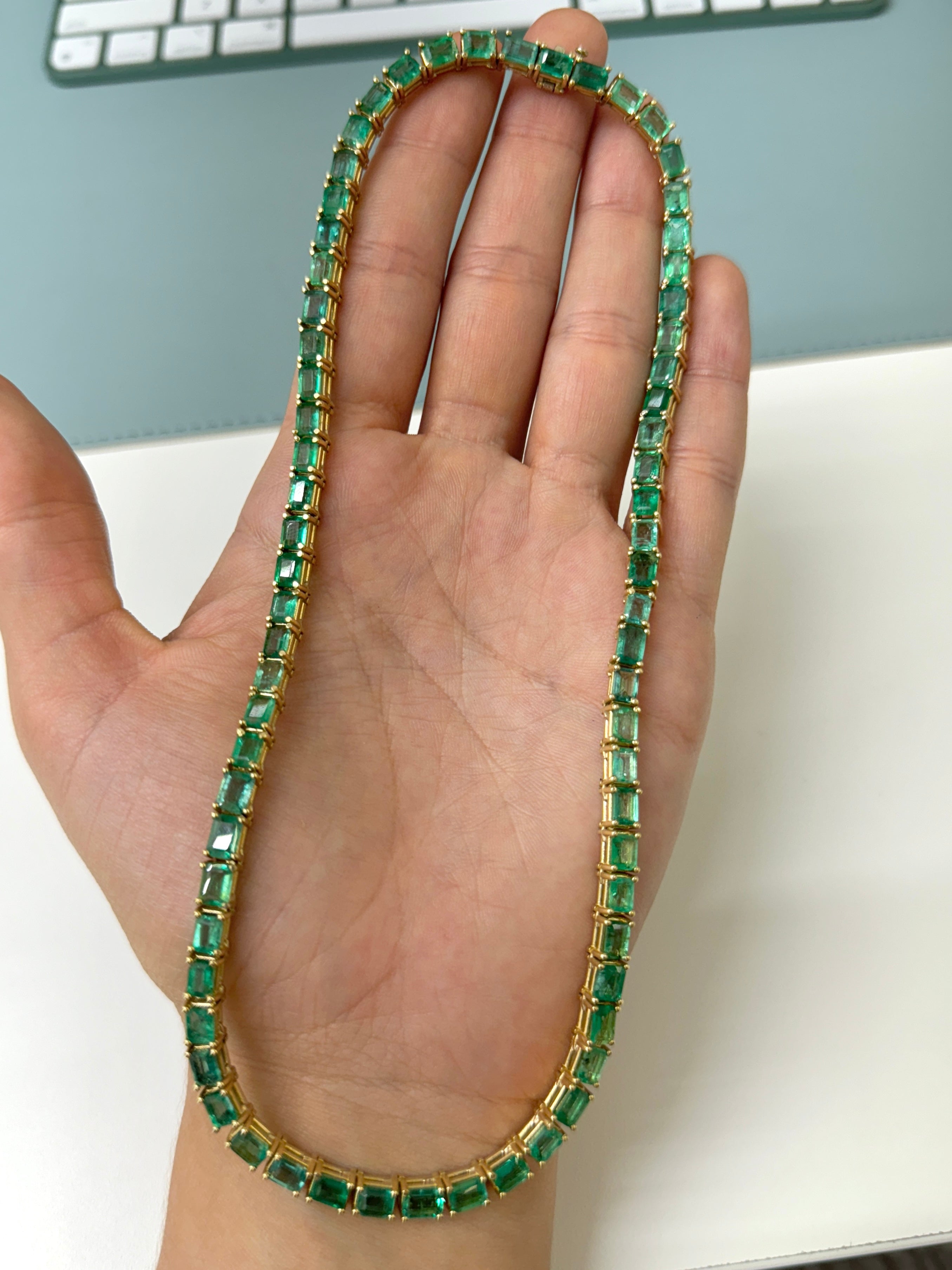 46.28 Carat Large Emerald Cut Prong Tennis Necklace in Solid 14K Yellow Gold | Elegant Jewelry for Weddings, Parties & Special Occasions