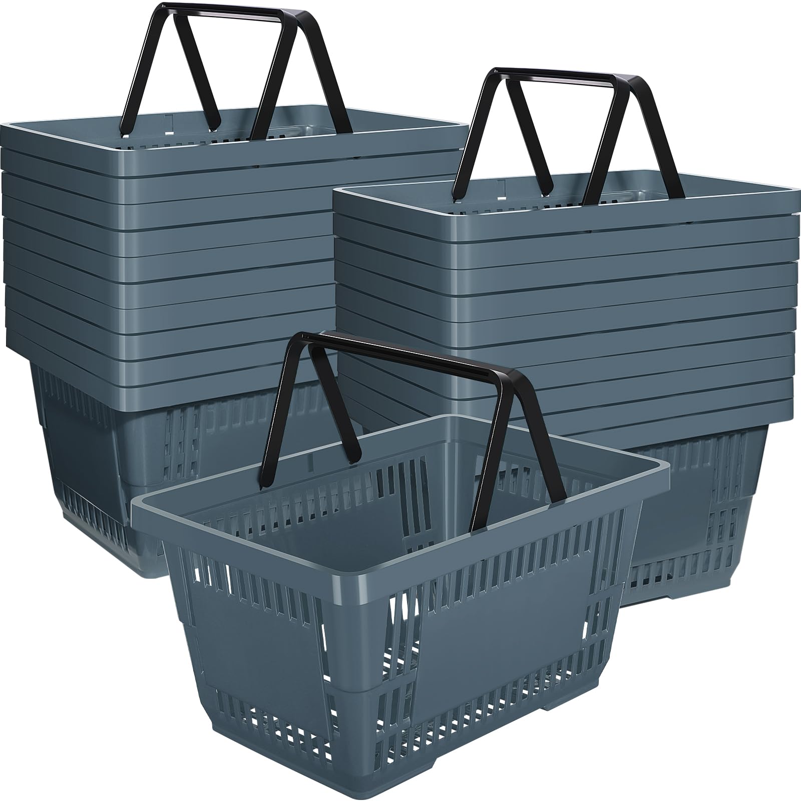 Macarrie 20-Pack Plastic Grocery Baskets with Handles - 16.9 x 11.8 x 9 Inch Portable Shopping Baskets for Retail Stores, Supermarkets & Grocery Shopping (Dark Gray) - Perfect for Store Displays, Farmers Markets & Home Organization