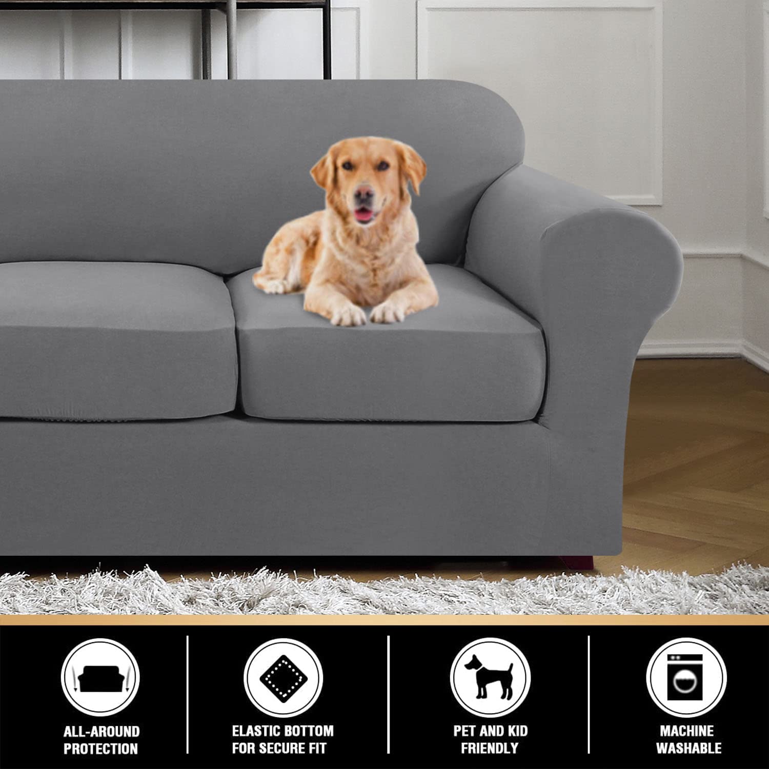 PrinceDeco Stretch Sofa Cover for 3-Seat Couch - Thickened Pet-Friendly Slipcover for Dogs & Cats - Furniture Protector (88